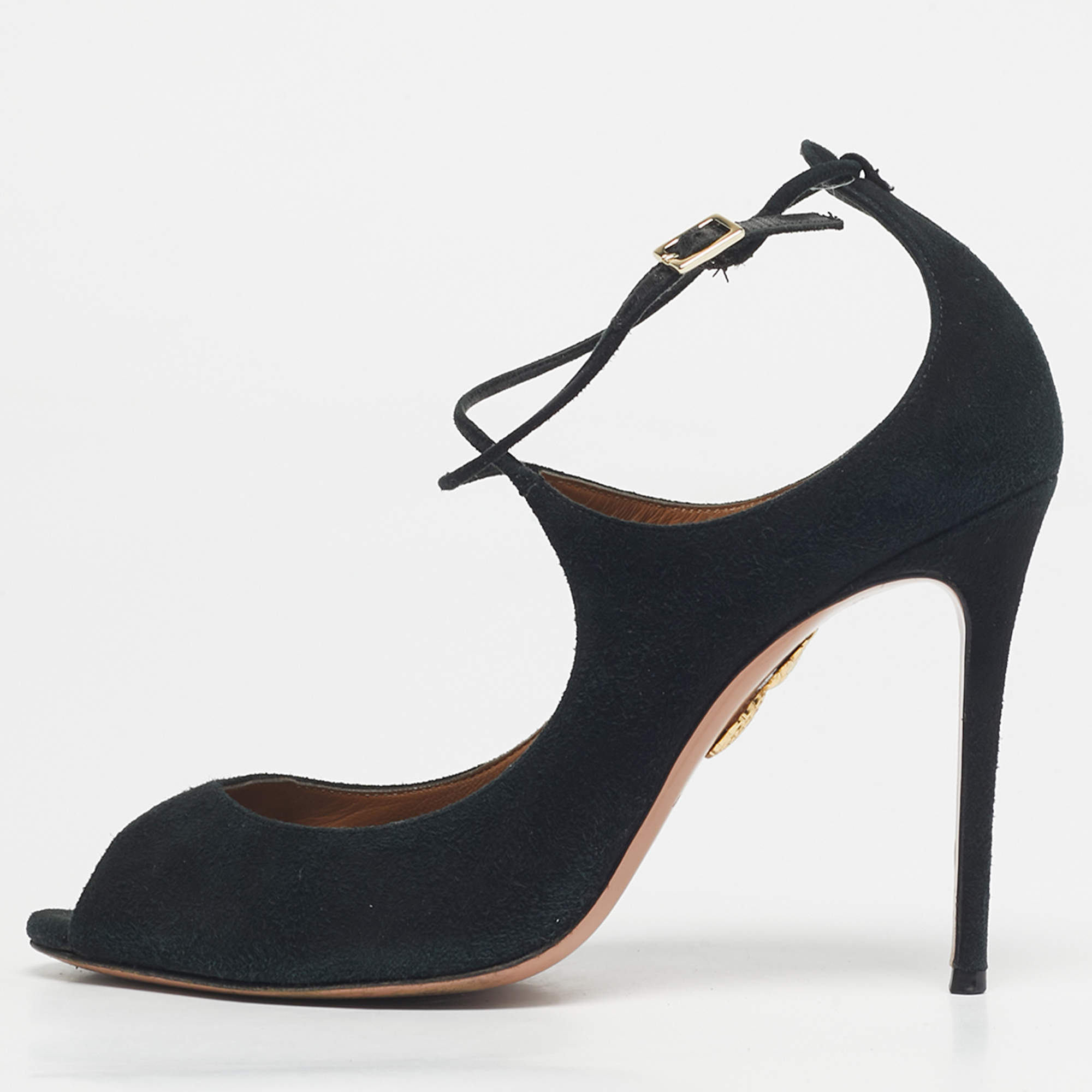 Pre Owned Aquazzura Black Suede Zani Peep Toe Ankle Pumps Size 38.5