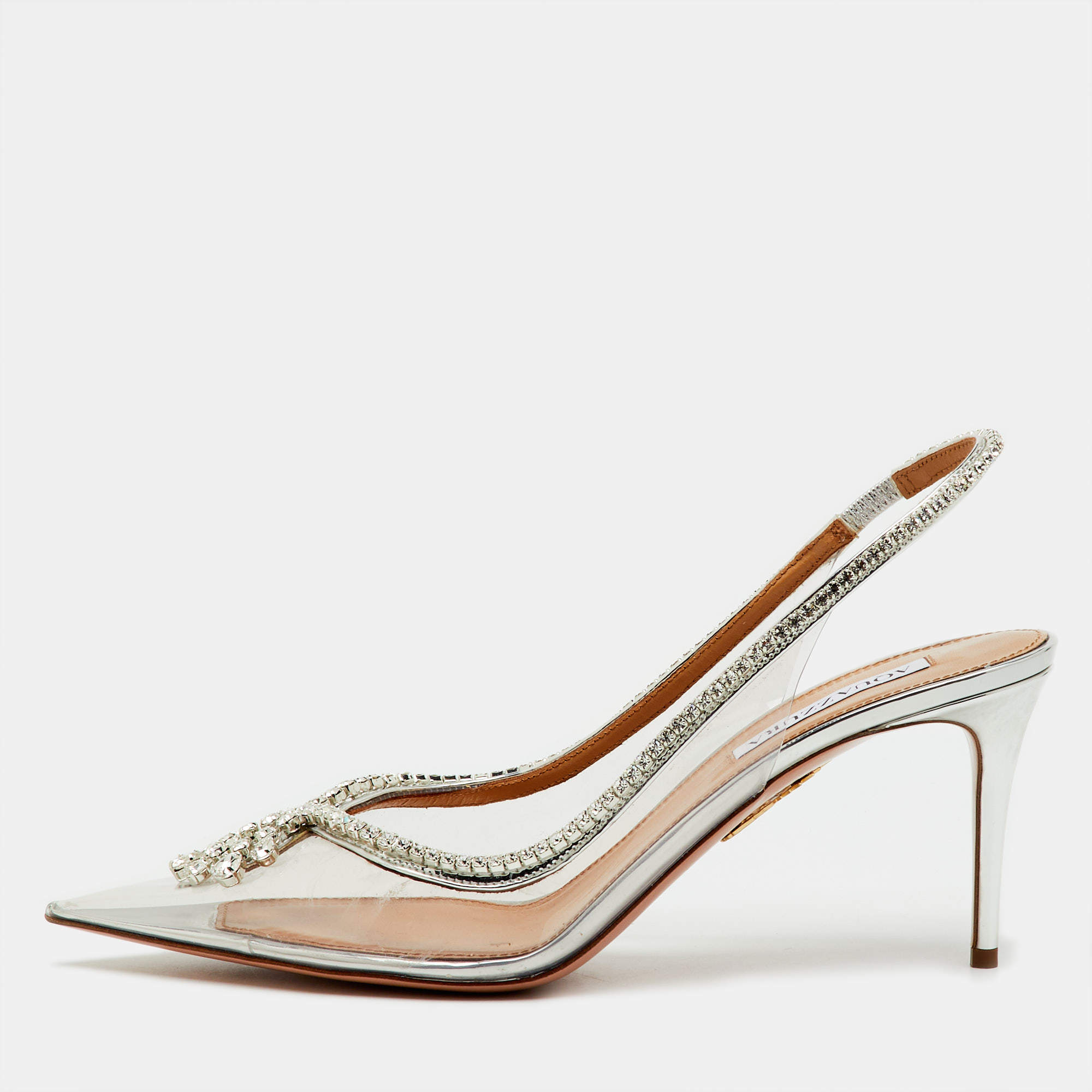 Pre Owned Aquazzura Transparent/Silver PVC and Leather Seduction Crystal Slingback Pumps Size 39.5