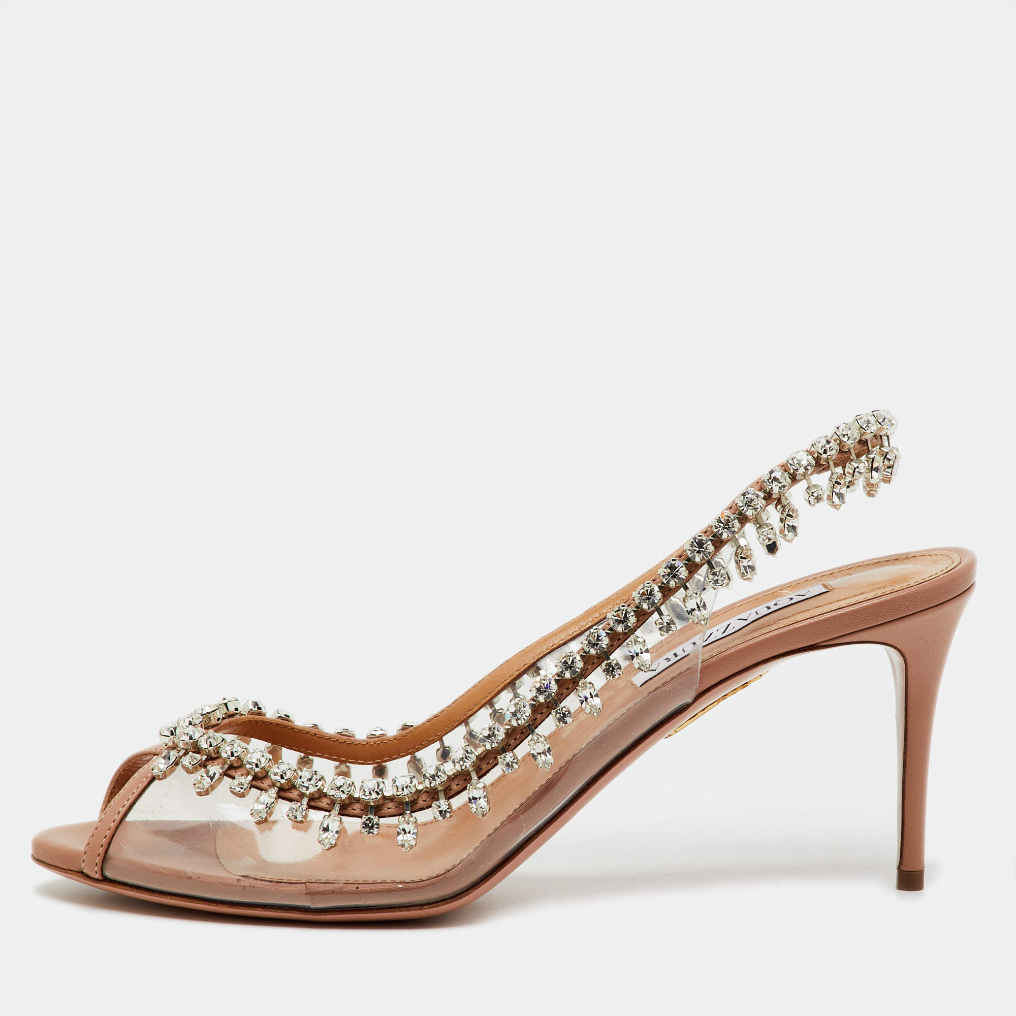 Pre Owned Aquazzura Transparent/Beige PVC and Leather Temptation Crystal Slingback Pumps Size 40