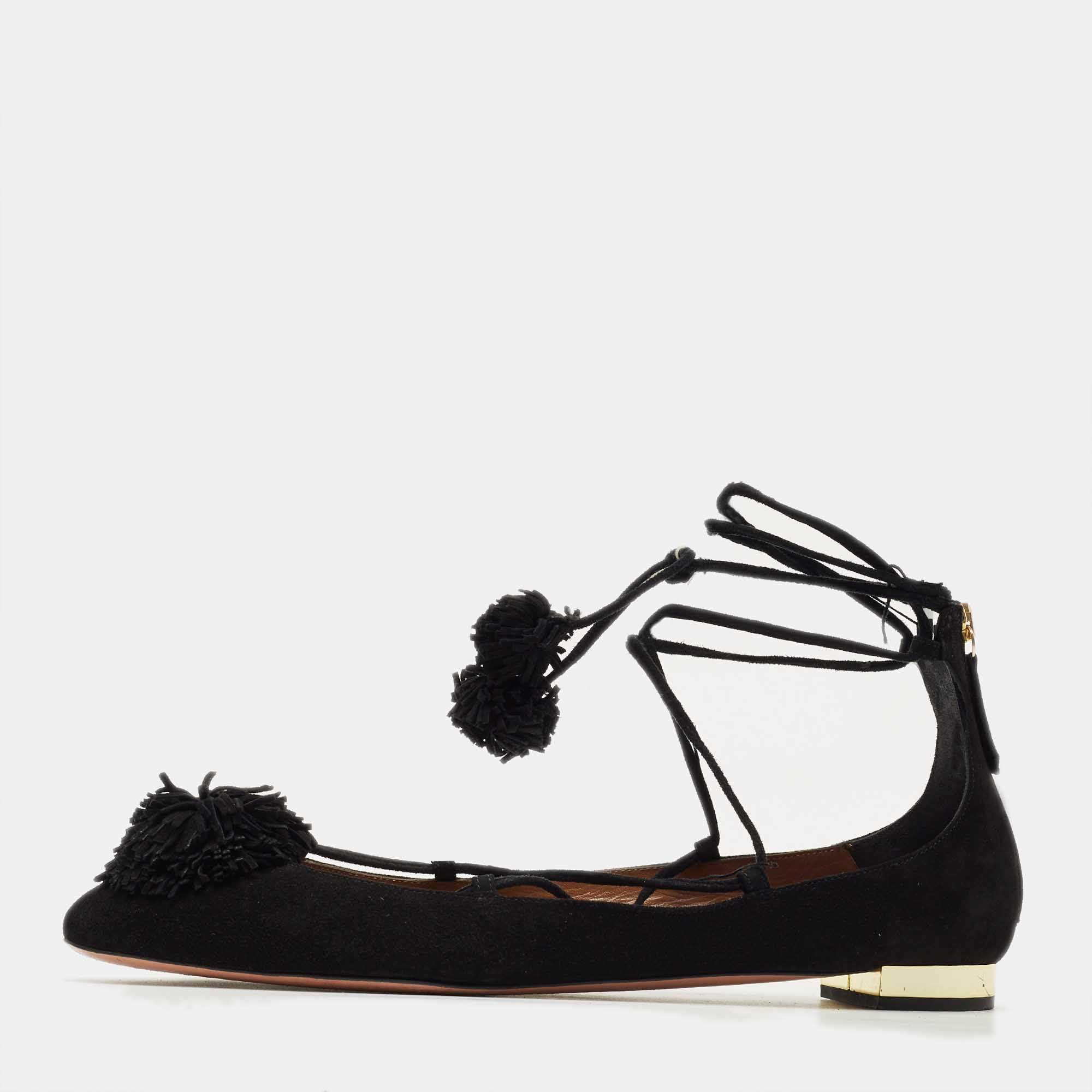 Pre Owned Aquazzura Black Suede Sunshine Ankle Tie Flats Size 41