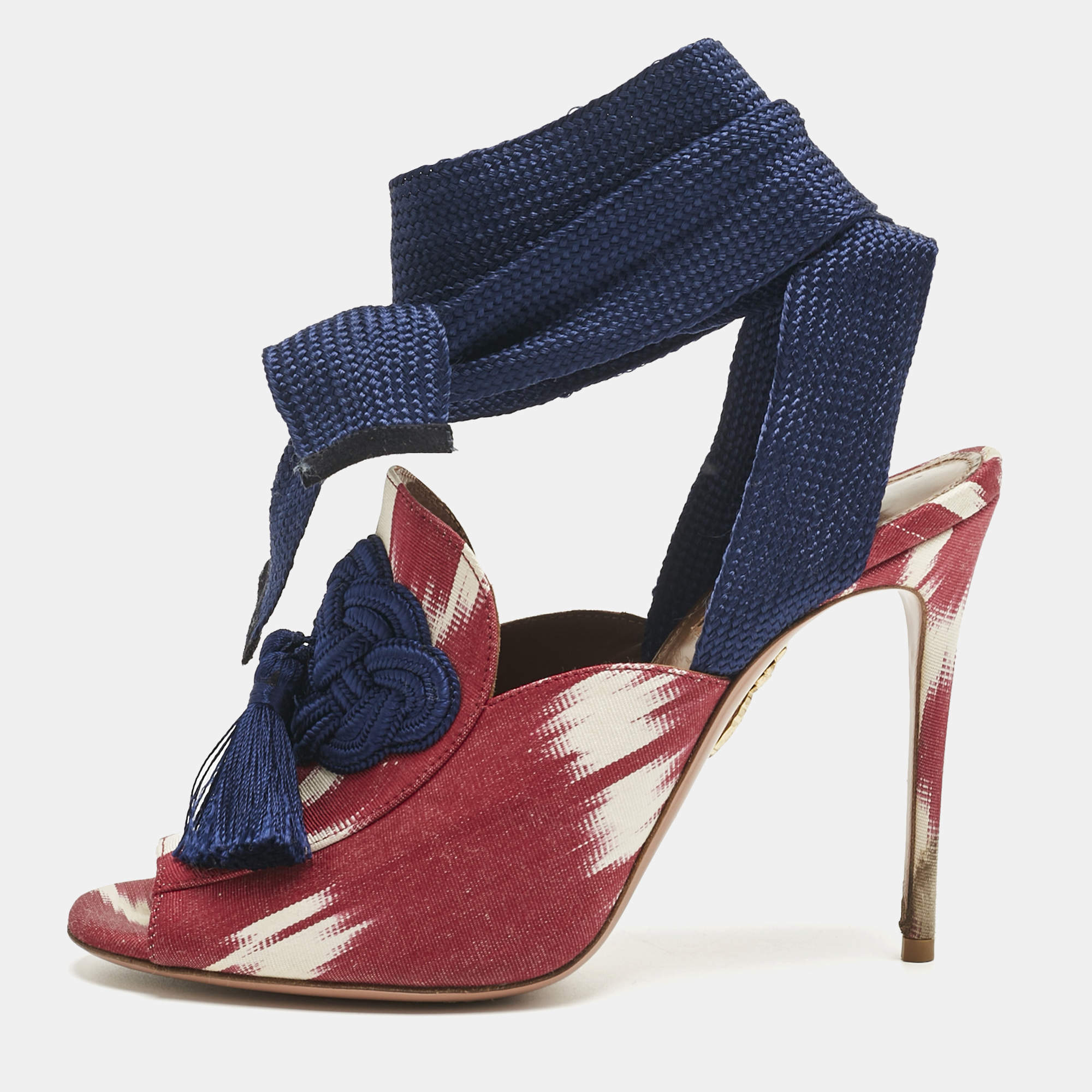 Pre Owned Aquazzura Burgundy/White Canvas Tassel Ankle Tie Sandals Size 37.5