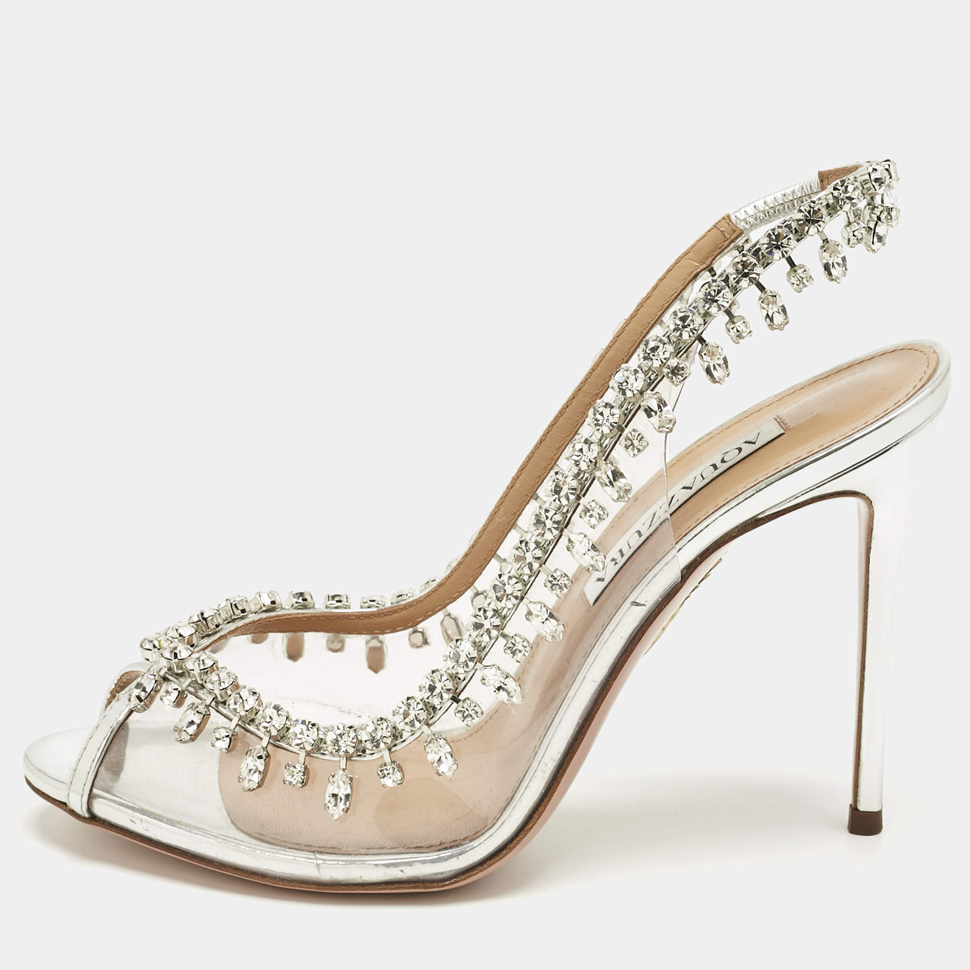 Pre Owned Aquazzura Transparent/Silver Patent Leather and PVC Temptation Slingback Sandals Size 36.5