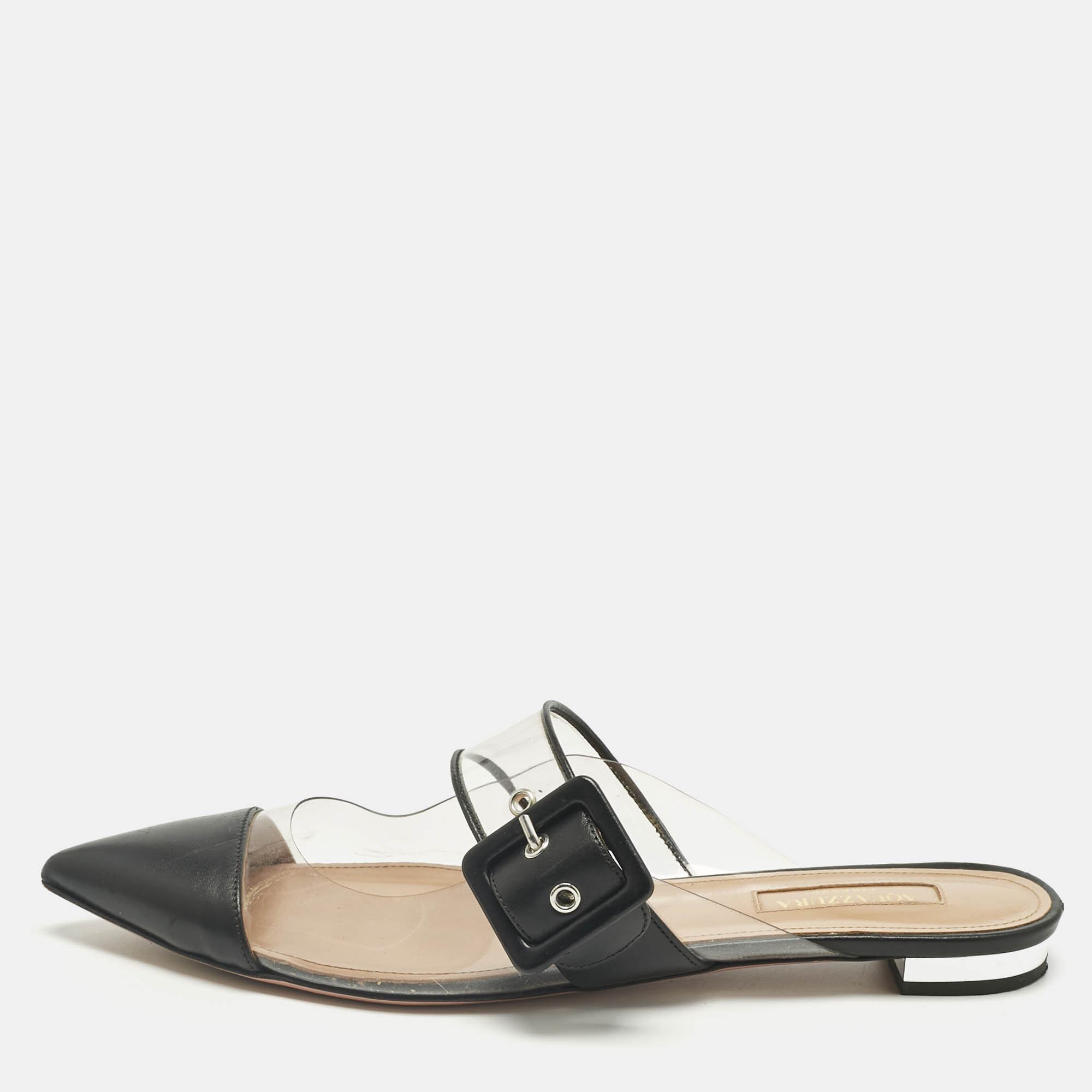 Pre Owned Aquazzura Black/Transparent Leather and PVC  Optic Buckle Mules Size 37.5