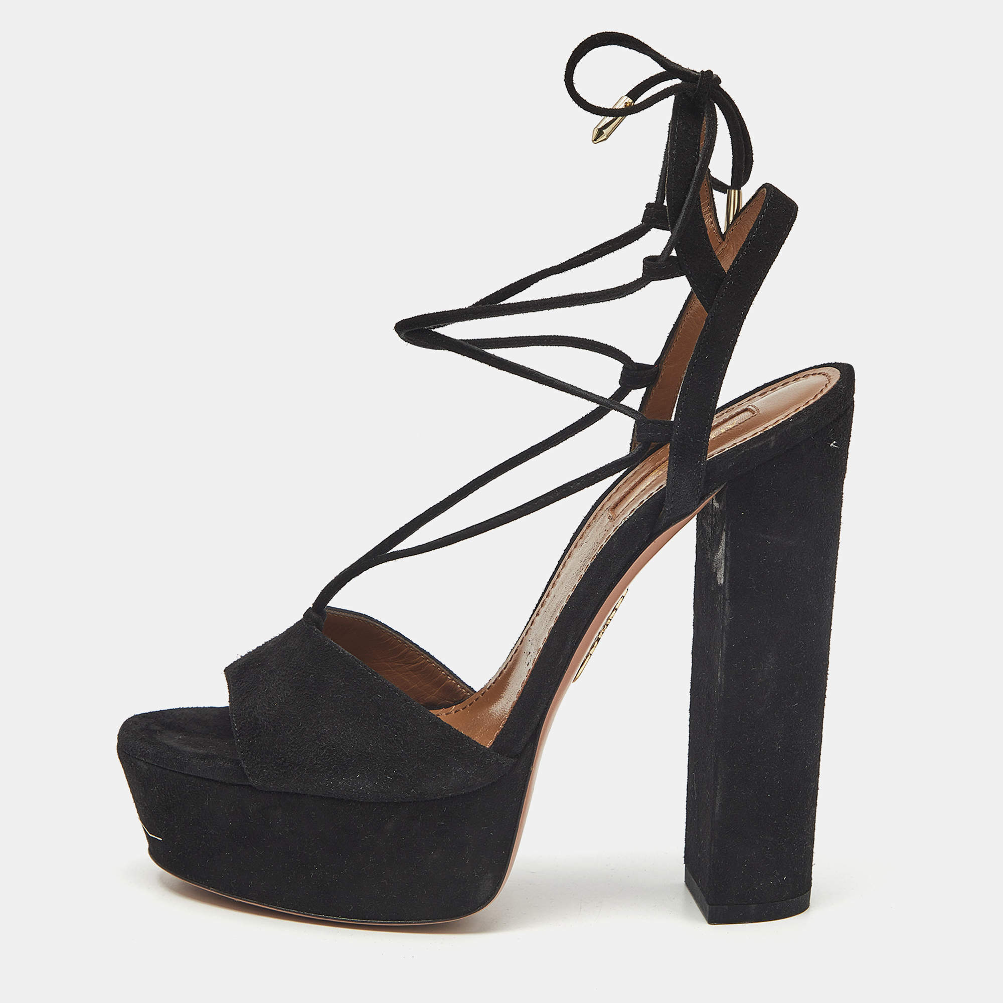 Pre Owned Aquazzura Black Suede Austin Plateau Platform Sandals Size 37