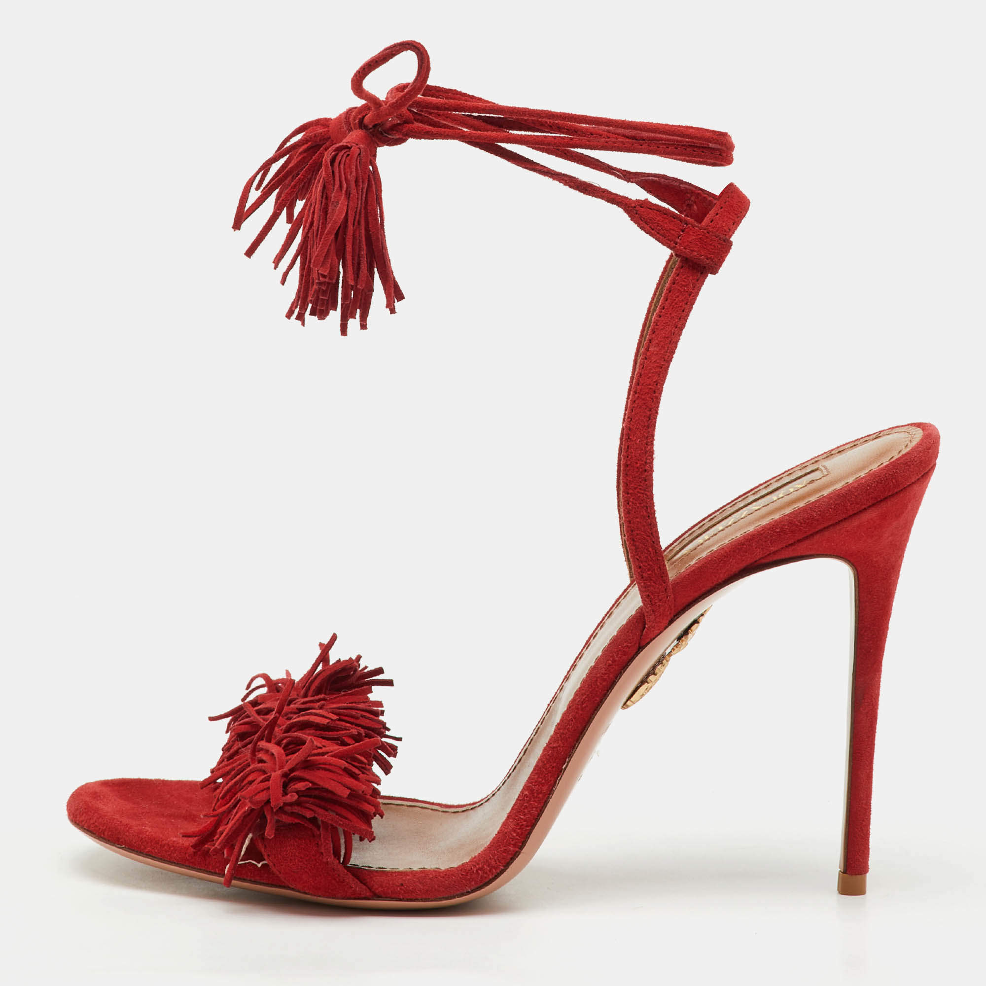 Pre Owned Aquazzura Red Suede Wild Thing Fringe Ankle Wrap Sandals Size 41