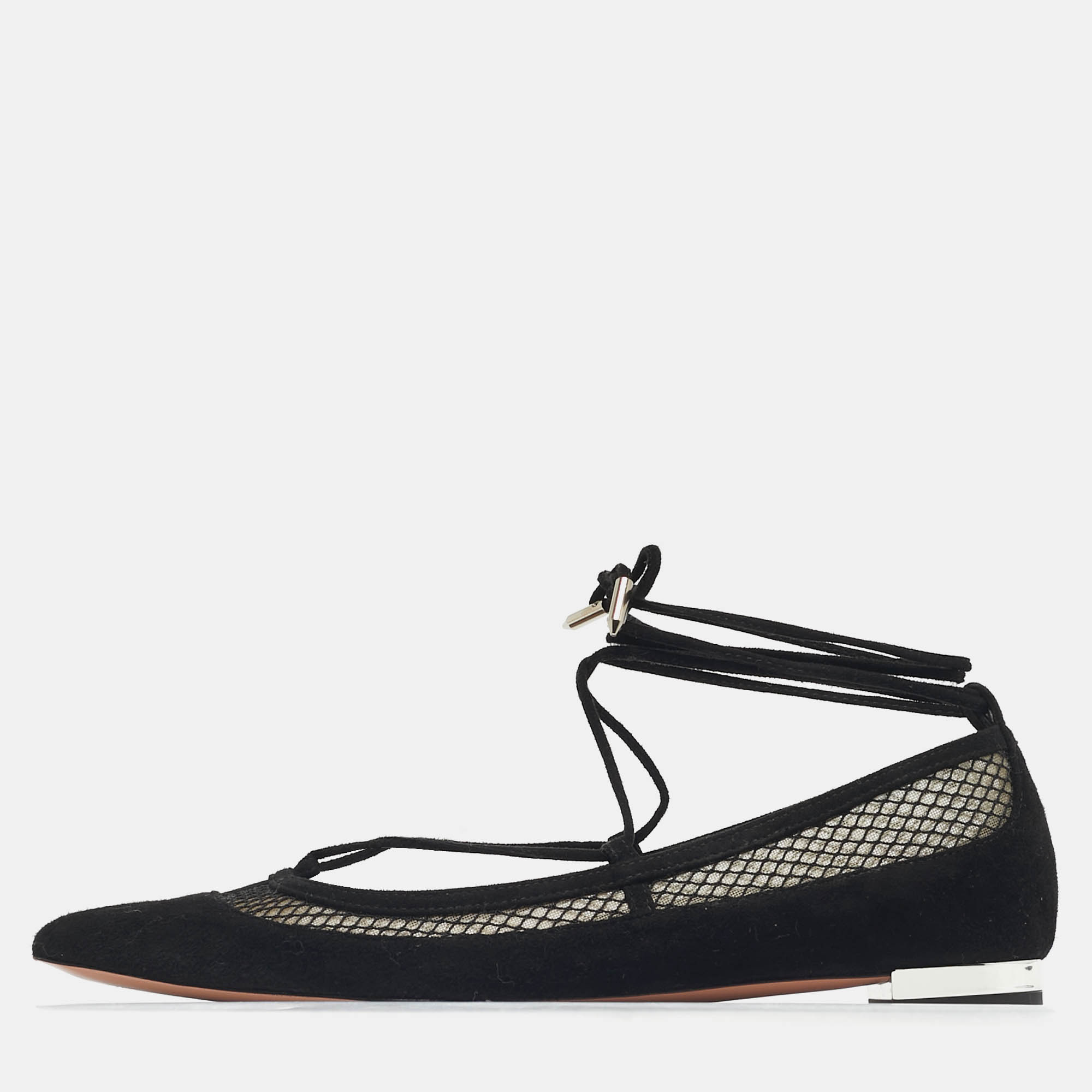 Pre Owned Aquazzura Black Net and Suede Ballet Flats Size 36