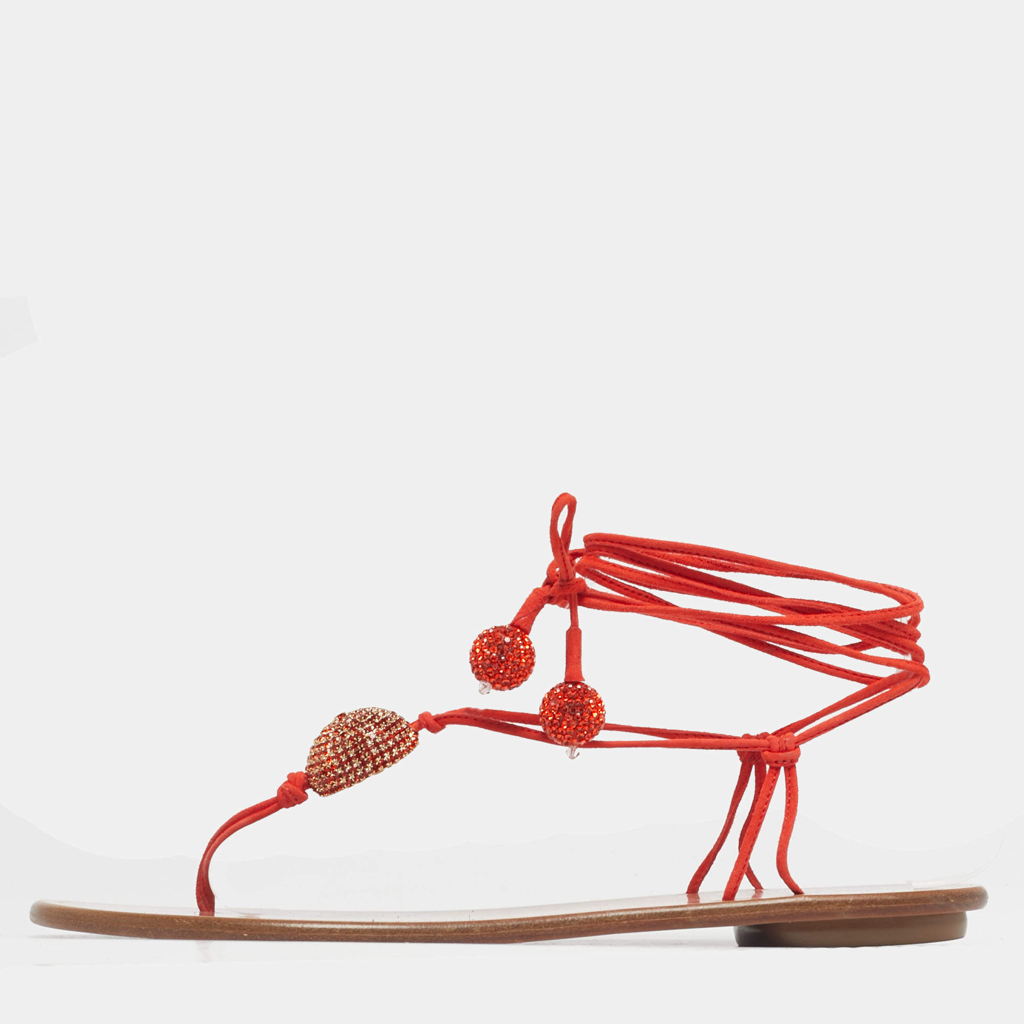 Pre Owned Aquazzura Orange Suede Jackie Ankle Wrap Flat Slide Size 39.5