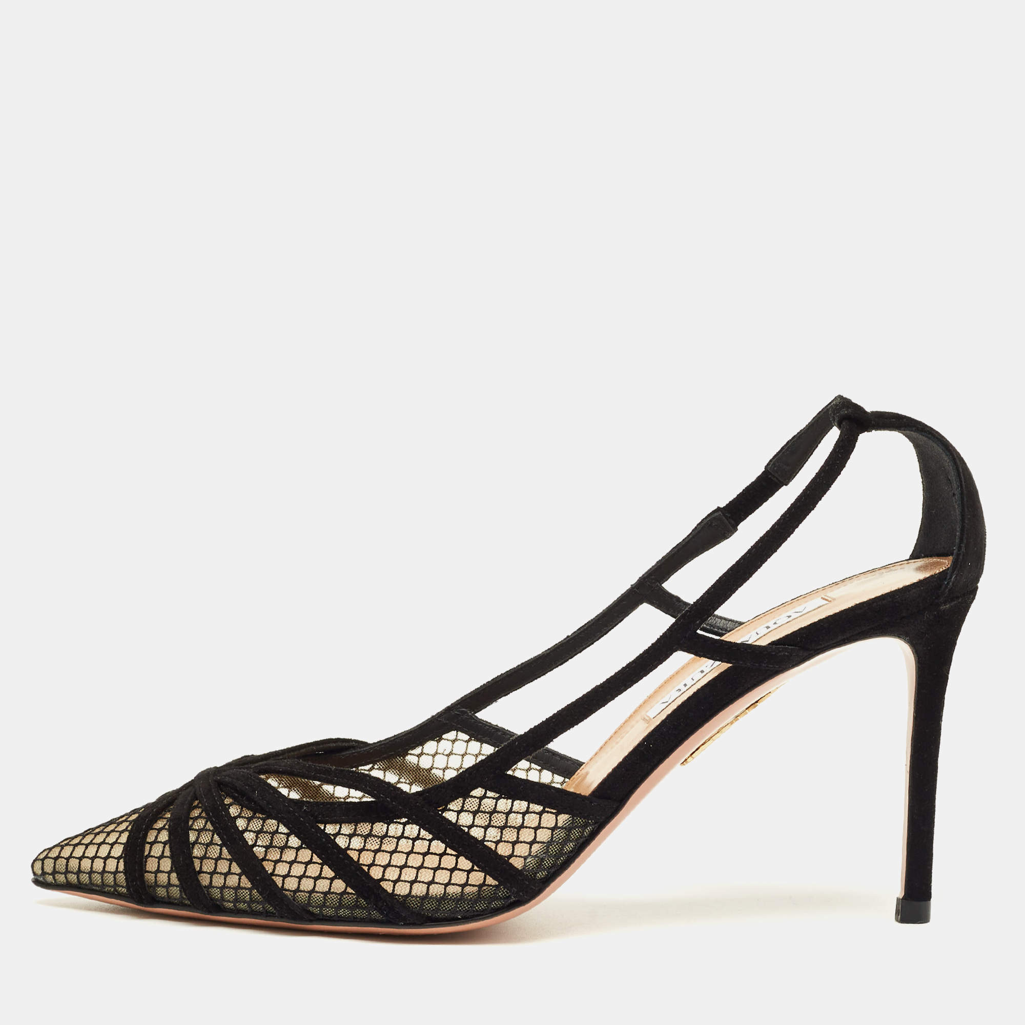 Pre Owned Aquazzura Black Mesh and Suede Slip on Pumps Size 38