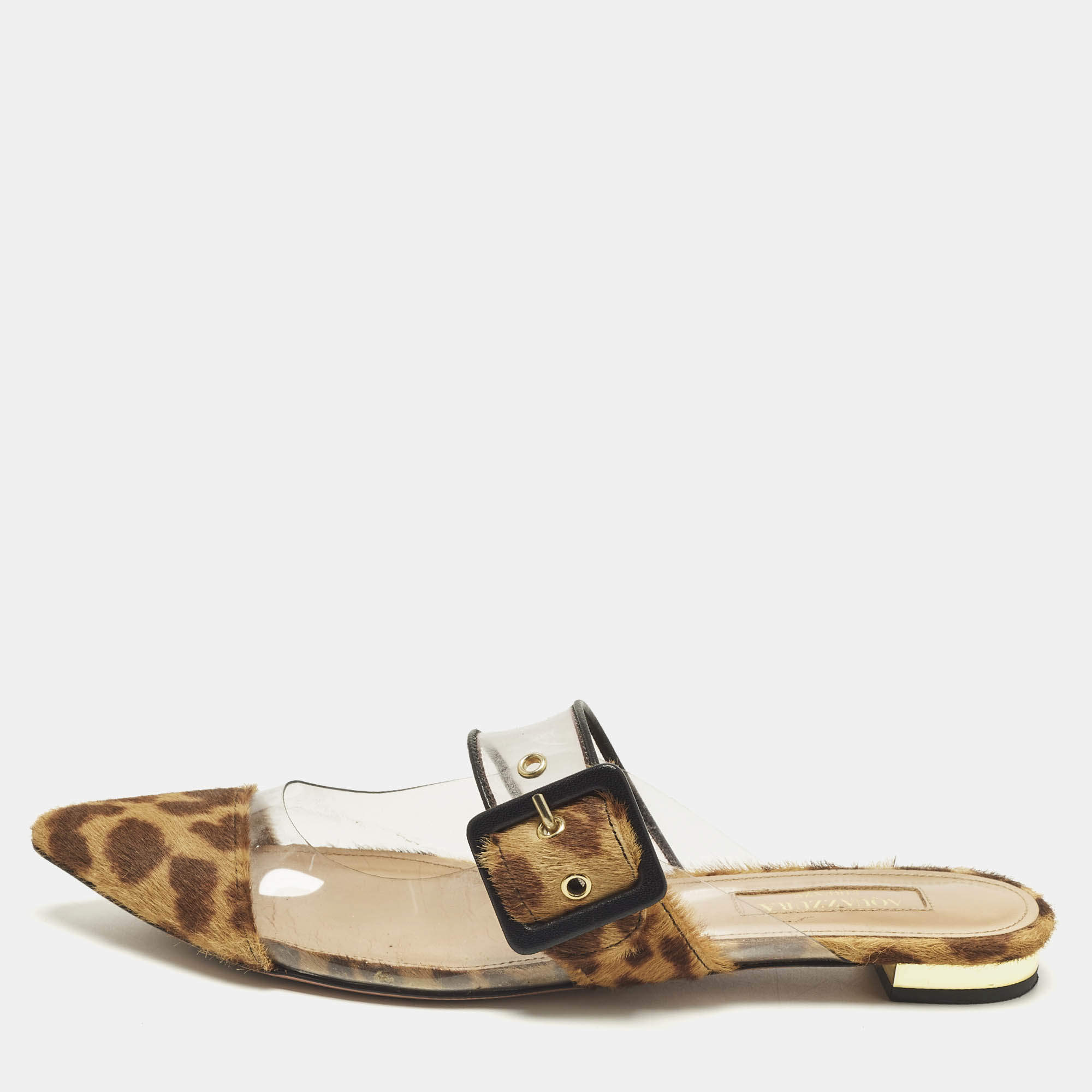 مملوكة مسبقًا Aquazzura Seduction Size 36.5 Brown Leopard Print Calf Hair and PVC Flat Mules