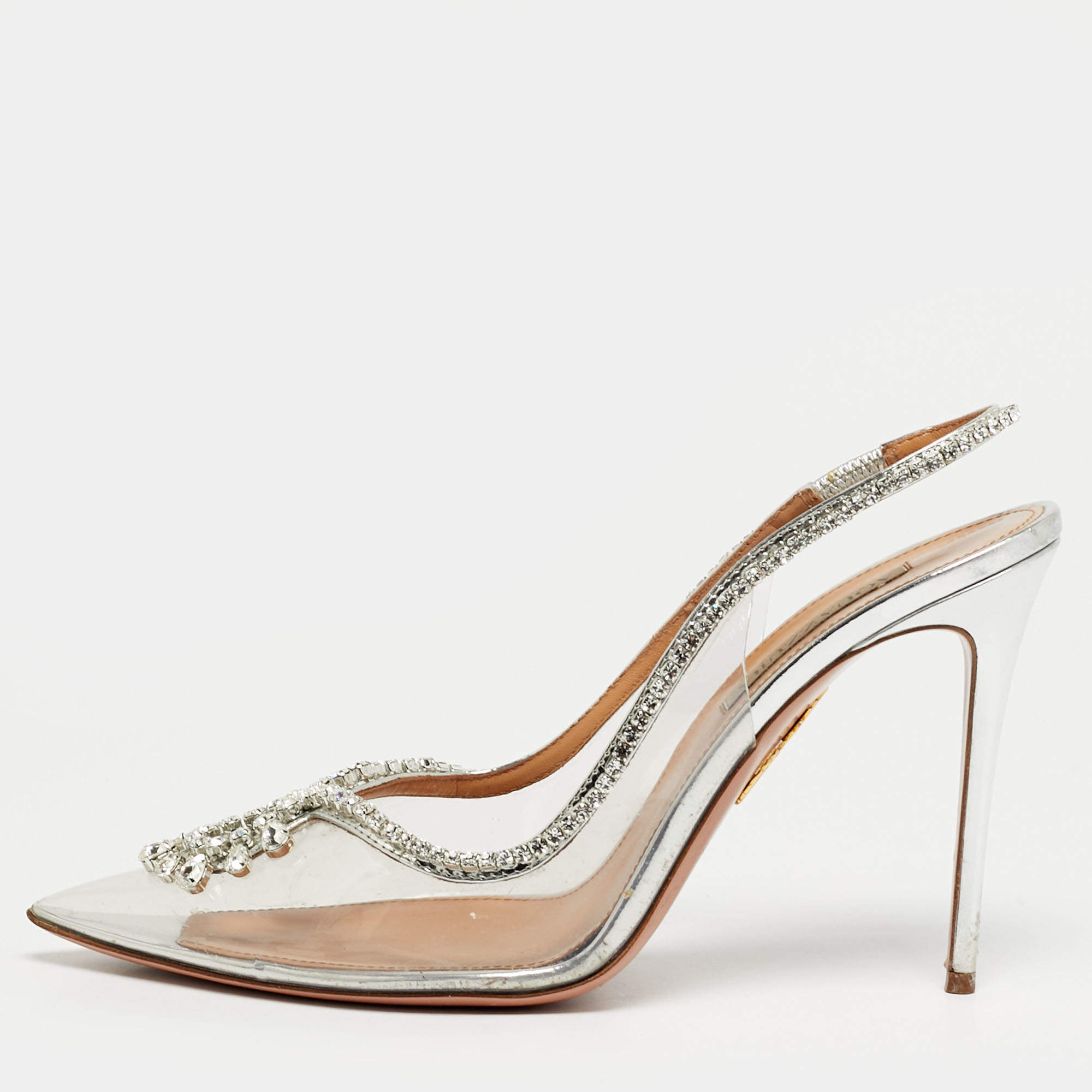 Pre Owned Aquazzura Seduction Size 41 Transparent PVC and Leather Crystal Embellished Slingback Pumps
