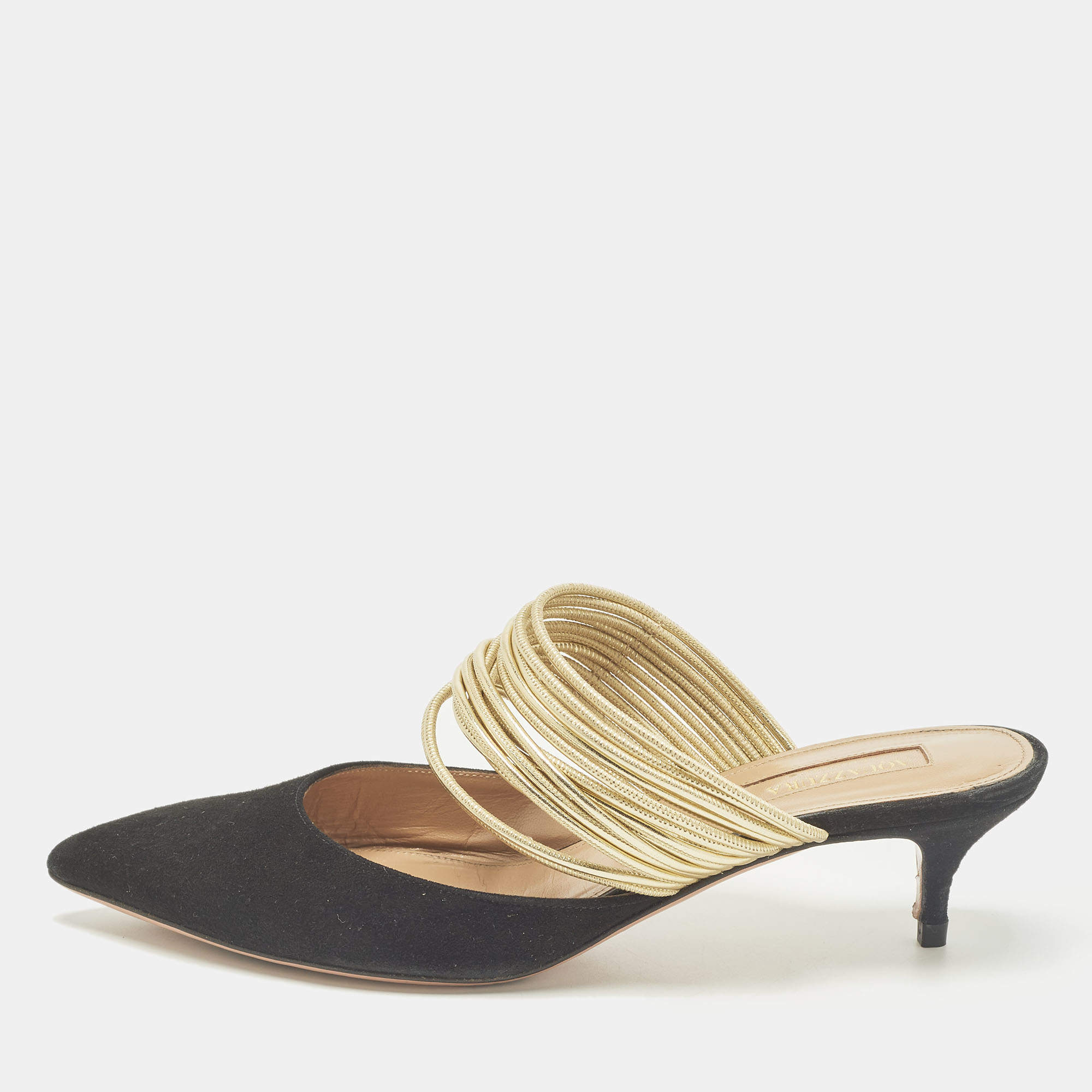 مملوكة مسبقًا Aquazzura Rendez Vous Size 36.5 Black/Gold Leather and Suede Mules