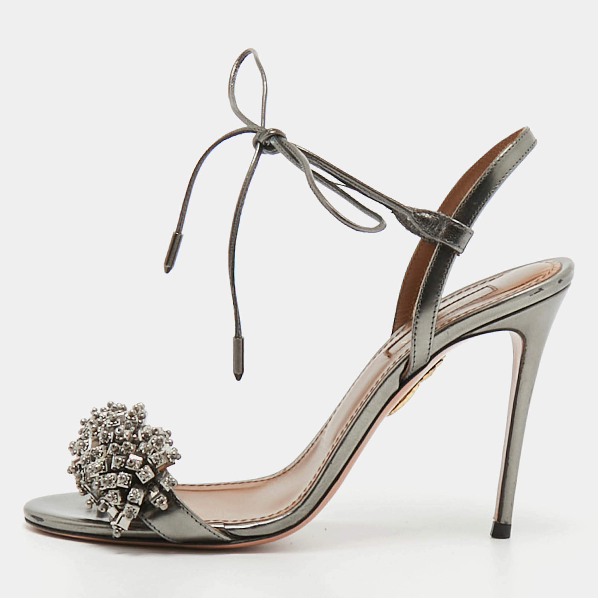 Pre Owned Aquazzura Wild Thing Size 36.5 Grey Leather Embellishment Ankle Strap Sandals
