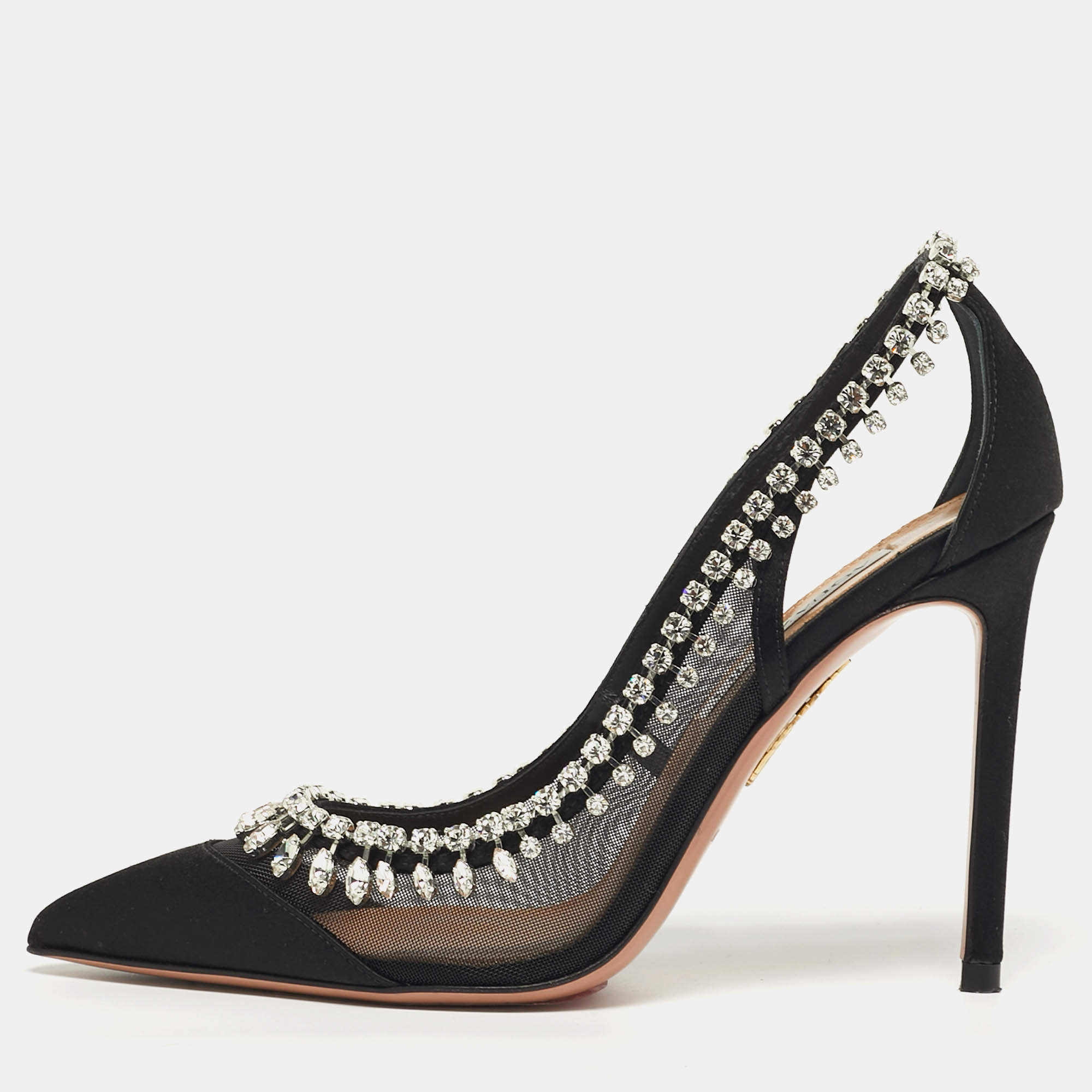Pre Owned Aquazzura Crystal Crush Size 37 Black Mesh and Satin Pumps