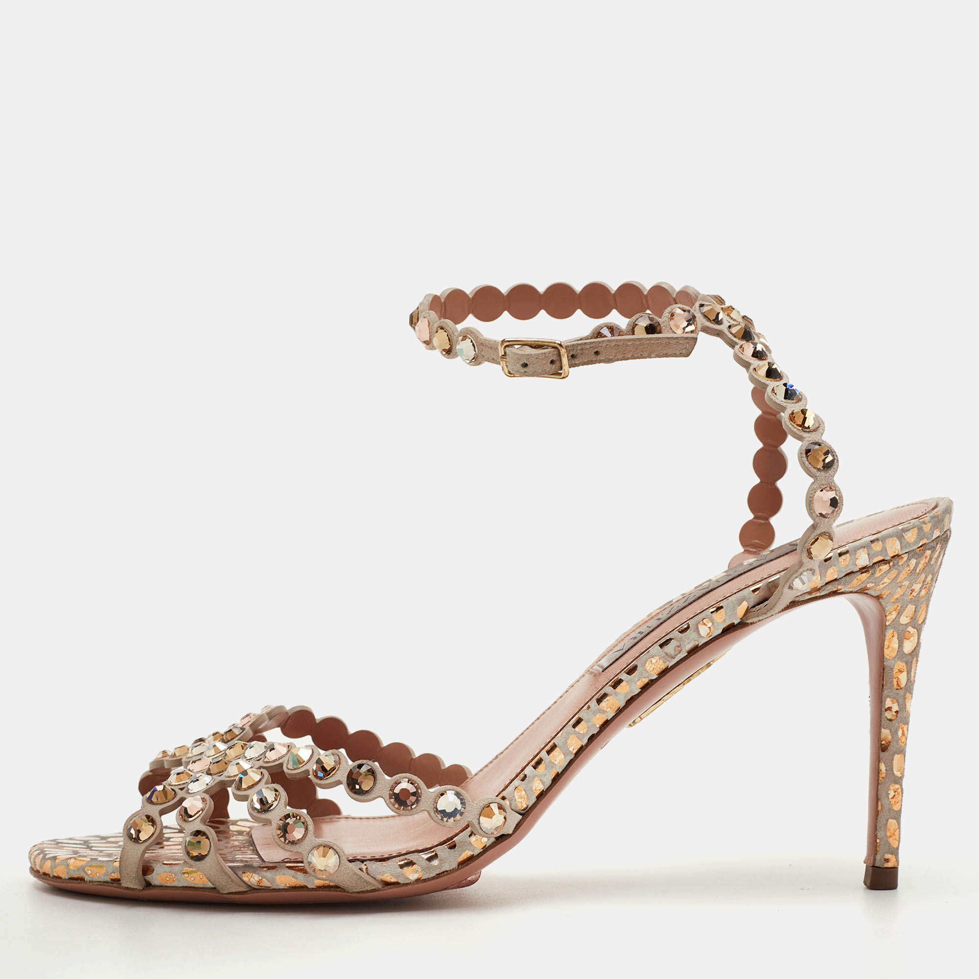 Pre Owned Aquazzura Tequila Crystal Embellished Size 38.5 Beige Suede Ankle Strap Sandals