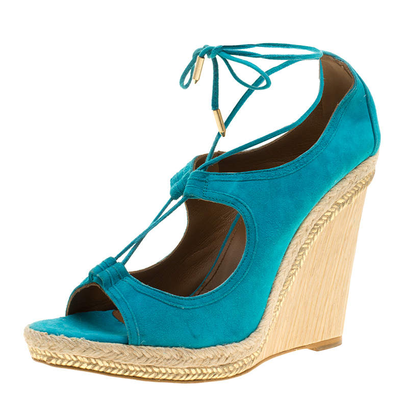 Aquazzura Turquoise Blue Suede Christie Wedge Espadrille Lace Up Open Toe Sandals Size 41