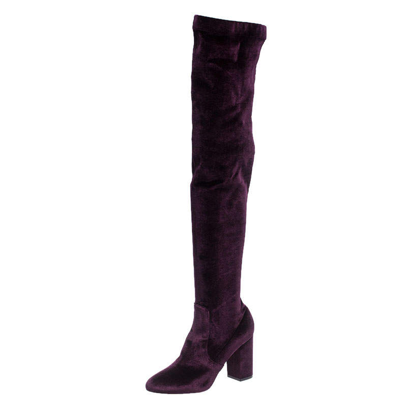 Pre Owned Aquazzura Purple Velvet So Me Knee High Boots Size 38.5