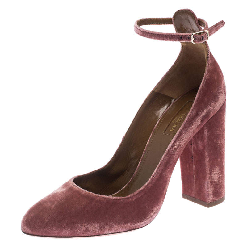 blush velvet block heels