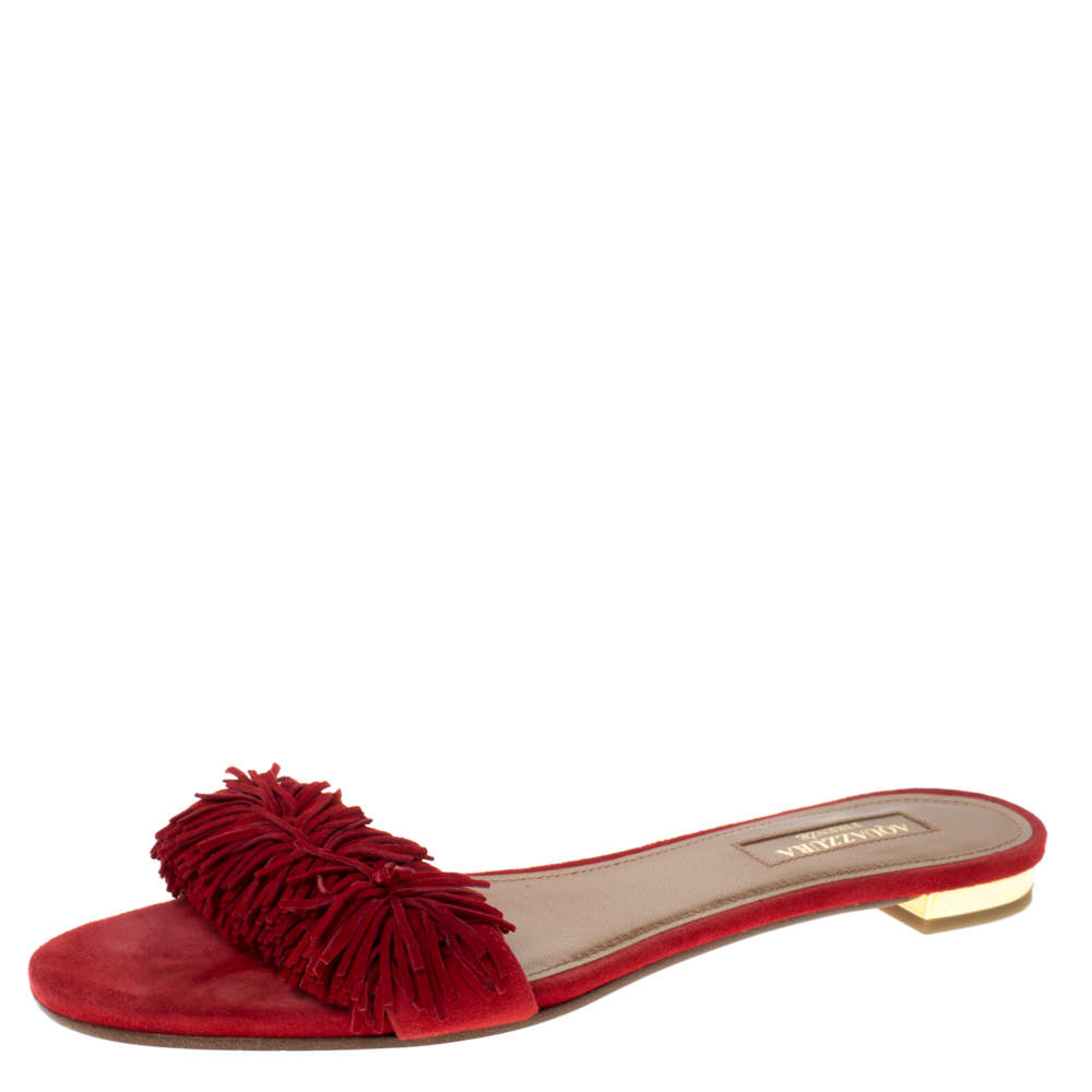 red fringe flat sandals