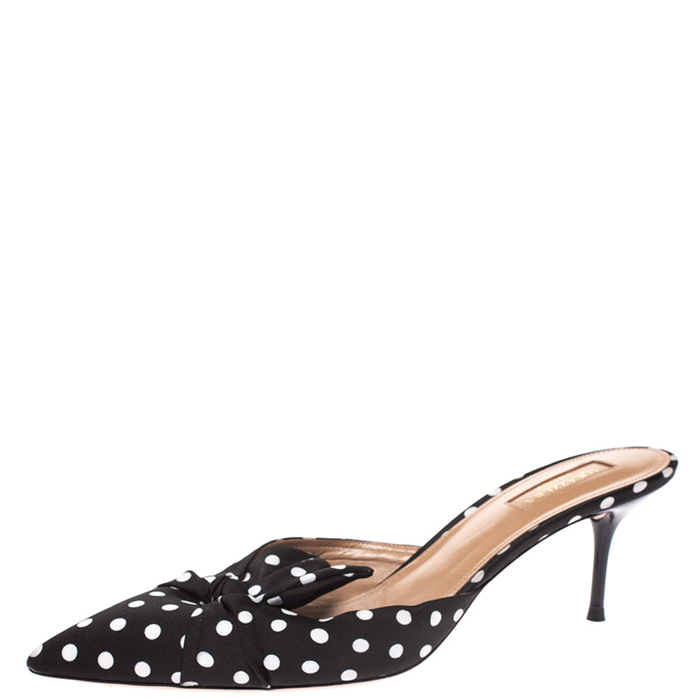 Pre Owned Aquazzura Black/White Polka Dot Fabric Deneuve Mules Size 39.5