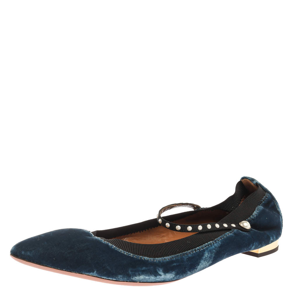 Aquazzura Blue Velvet Nolita Studded Mary Jane Ballet Flats Size 39