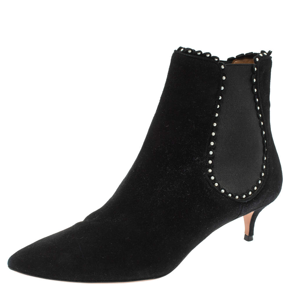 مملوكة مسبقًا Aquazzura Black Suede Pearl Layered Ankle Boots Size 38.5