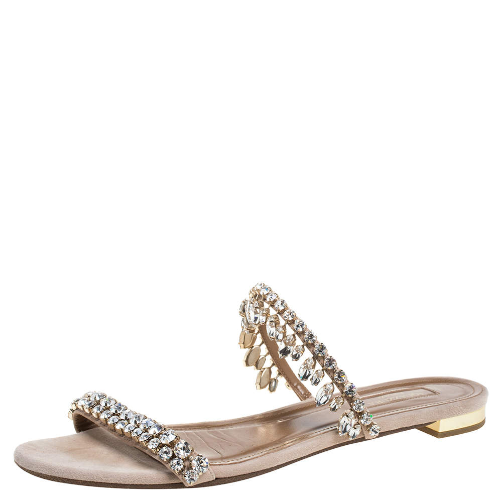 مملوكة مسبقًا Aquazzura Beige Suede Eden Crystal Embellished Flats Size 39.5