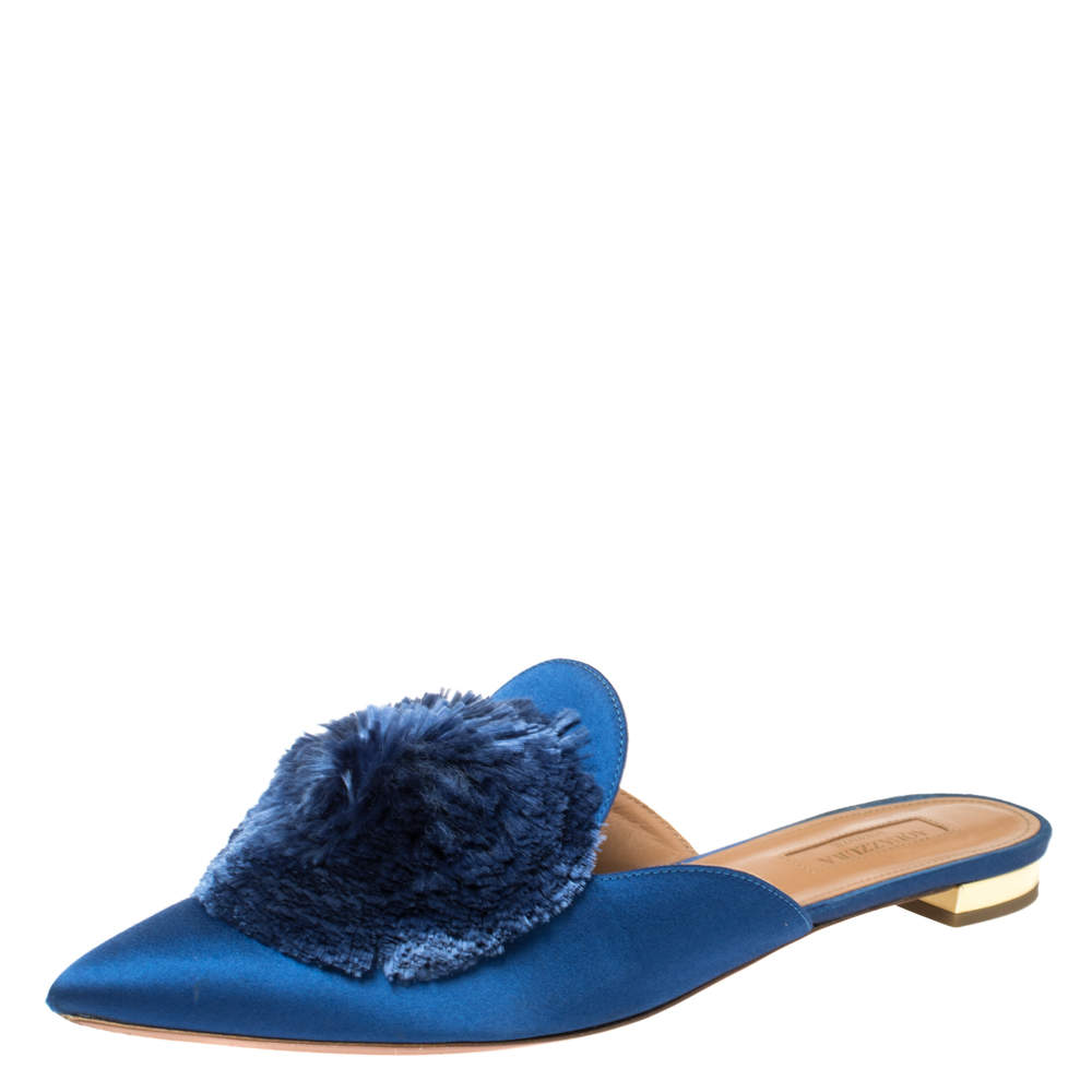 Aquazzura Blue Satin Powder Puff Pom Pom Mules Size 39