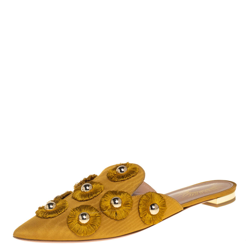 Pre Owned حذاء سلايد أكوازورا صن فلاور قماس أصفر مستردة مقدمة مدببة مقاس 37.5