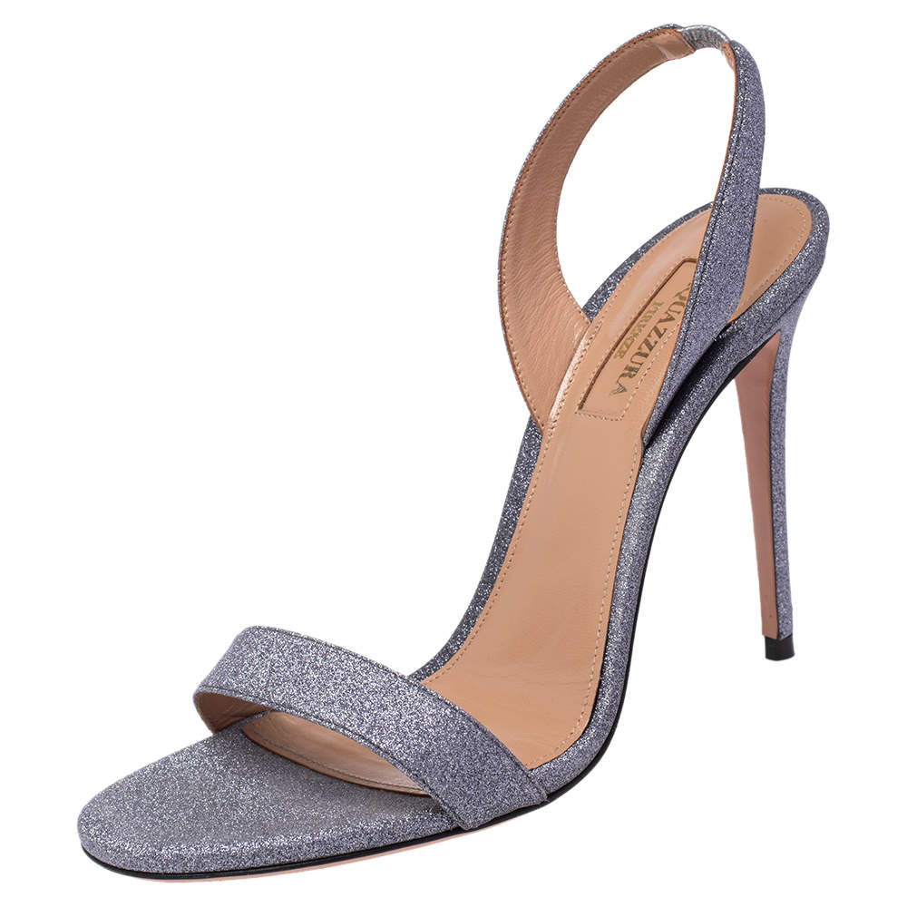 Pre Owned Aquazzura Silver Stardust Fabric So Nude Slingback Sandals Size 37