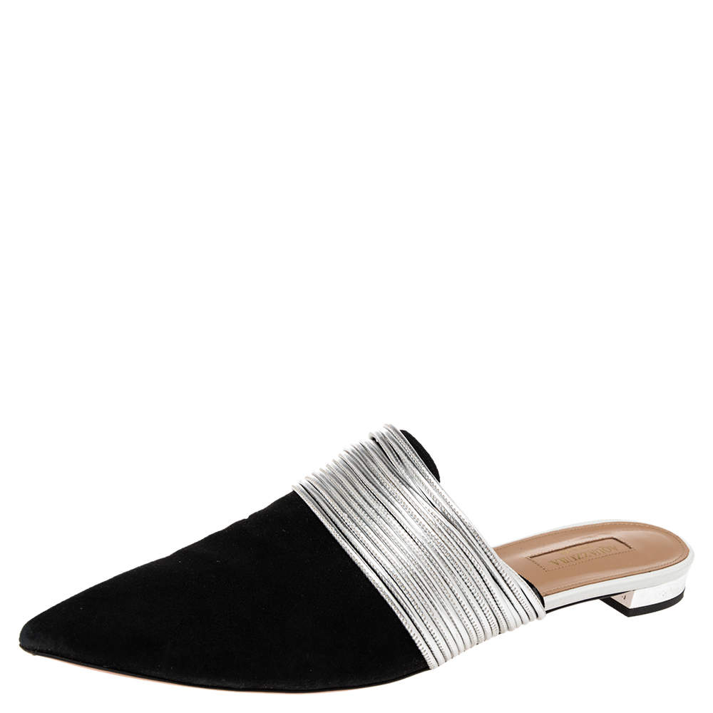 مملوكة مسبقًا حذاء سلايد فلات رينديفو جلد وسويدي فضي/أسود مقاس 41