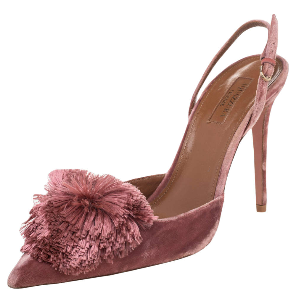 Pre Owned Aquazzura Pink Velvet Powder Puff Pointed Toe Slingback Sandals Size 41