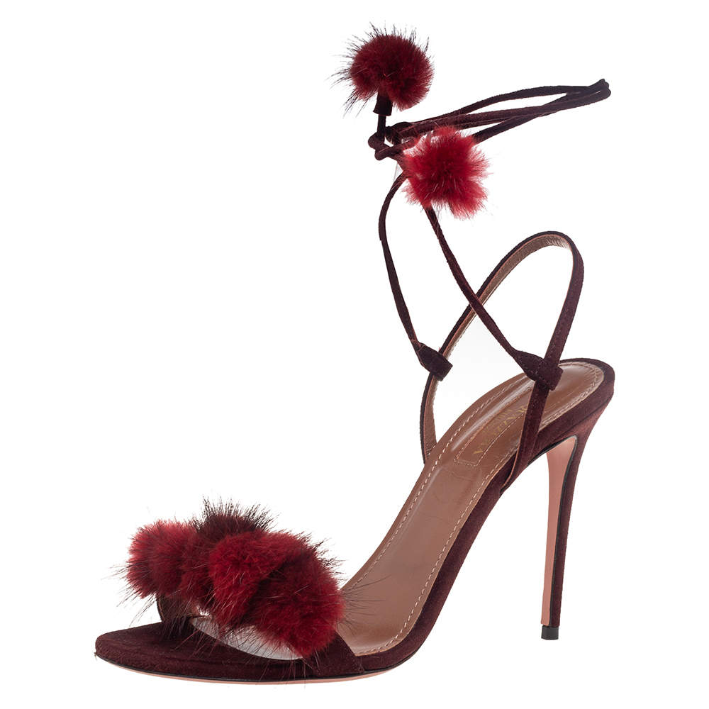 Pre Owned Aquazzura Burgundy Suede Pompom Strappy Sandals Size 38.5