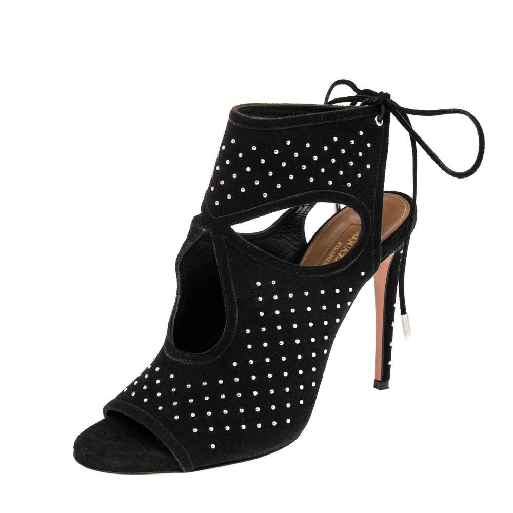 Pre Owned Aquazzura Black Suede Studded Sandals Size 38