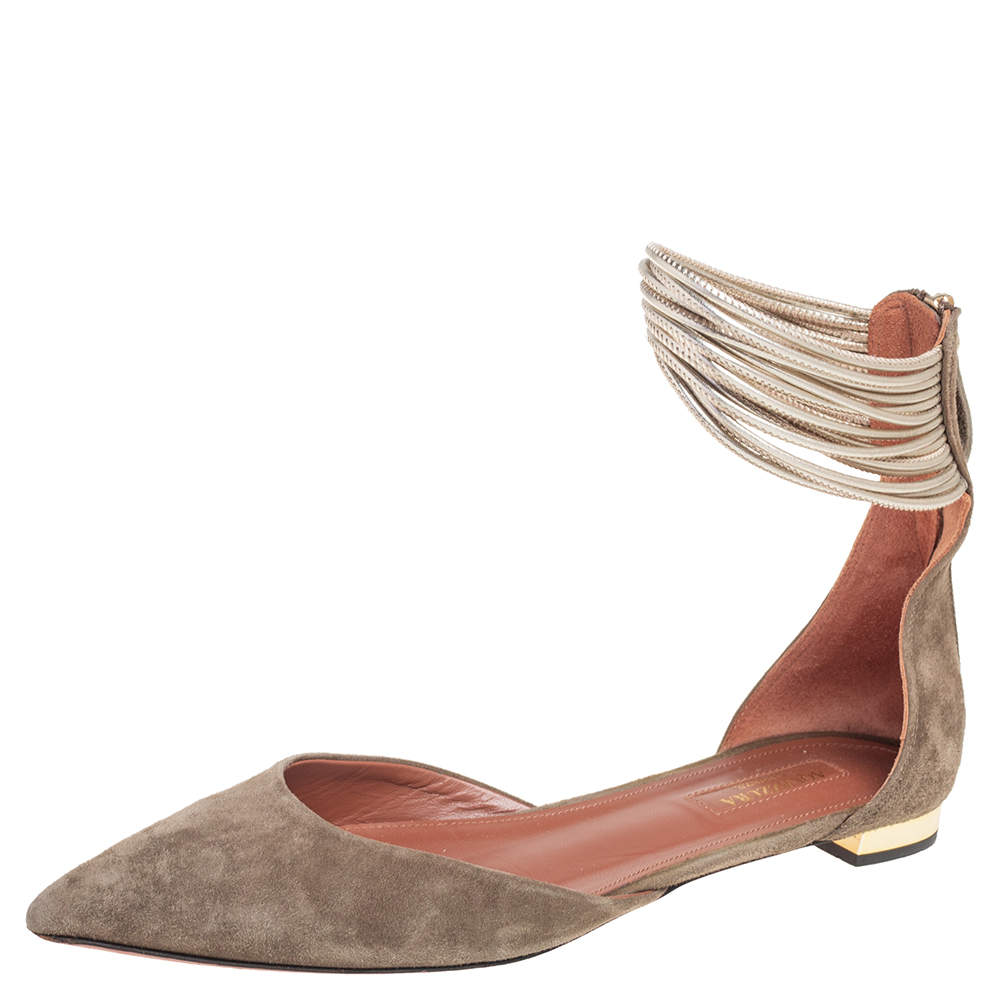 Pre Owned Aquazzura Olive Green Suede Hello Lover Flat Ankle Wrap Sandals Size 38.5