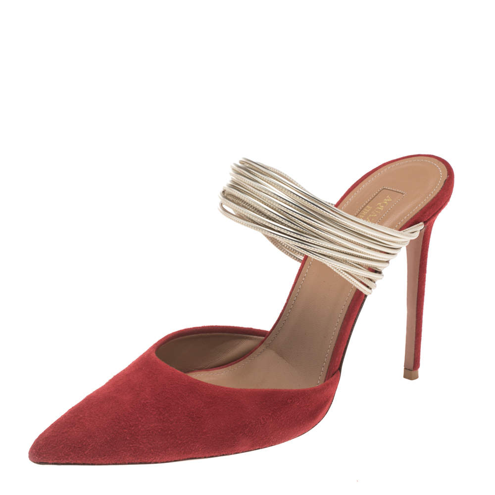 Pre Owned Aquazzura Red Suede And Metallic Gold Leather Rendez Vous Pointed Toe Mules Size 38.5