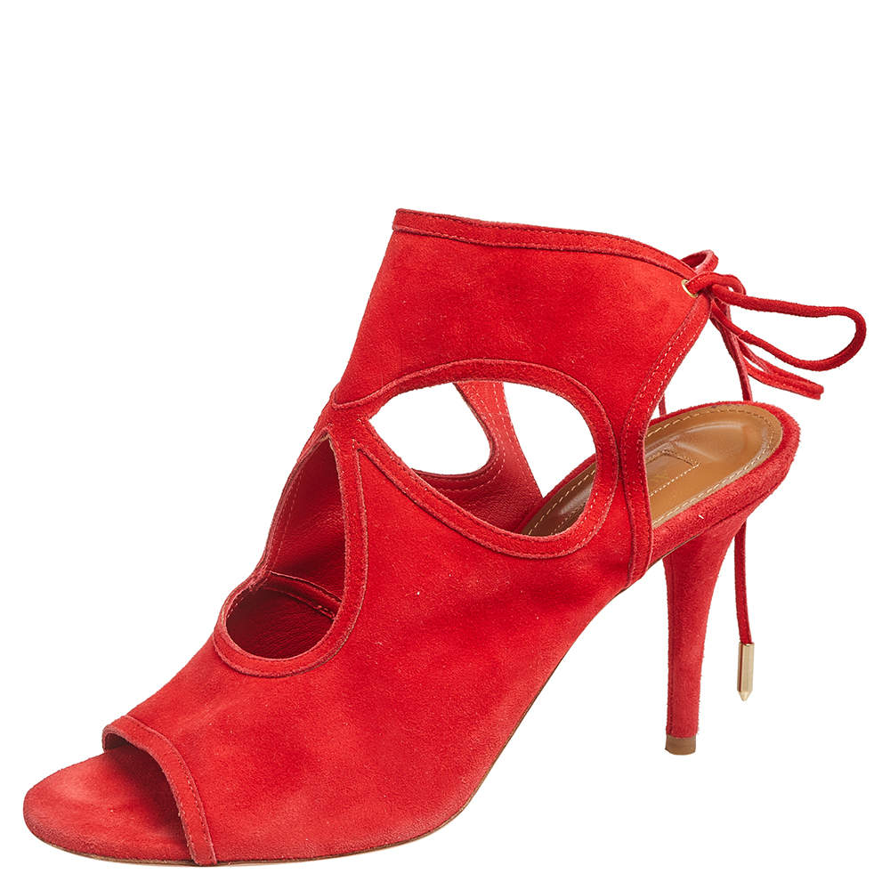 Pre Owned Aquazzura Red Suede Sandals Size 37