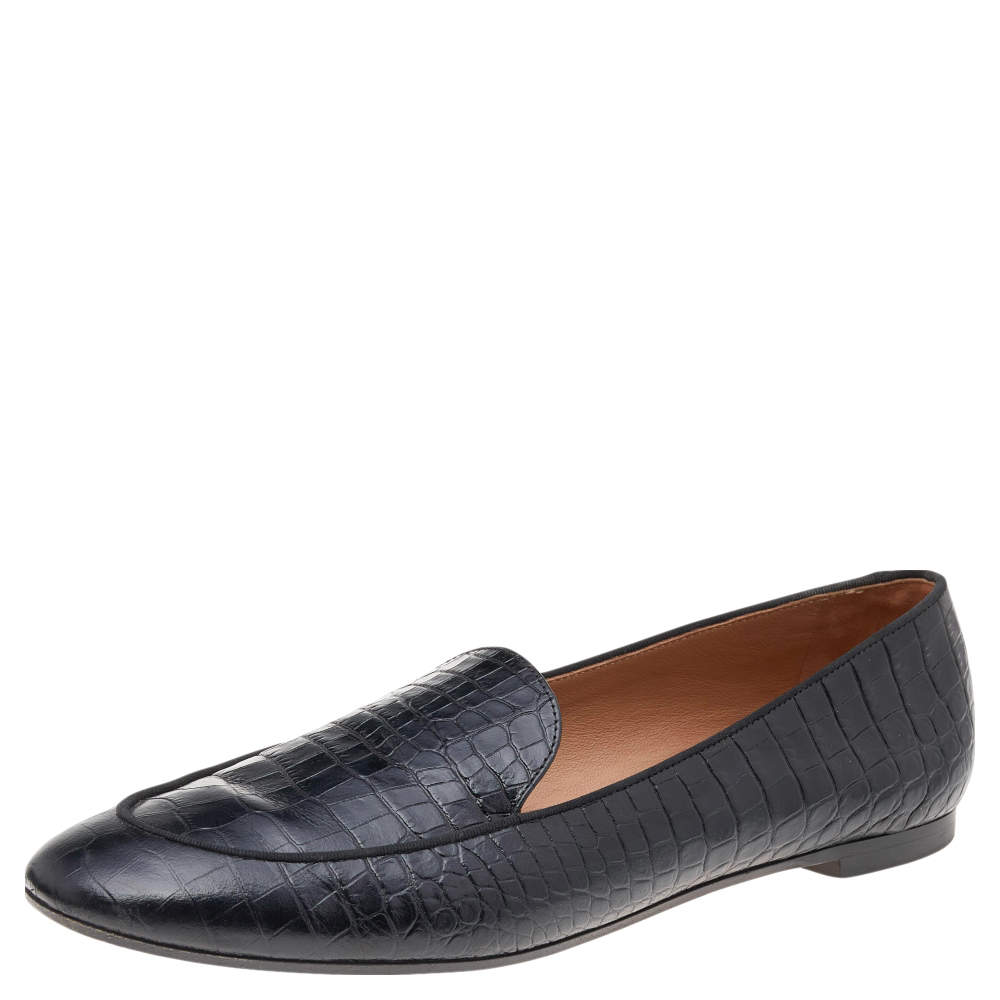 Pre Owned Aquazzura Black Croc Embossed Leather Slip on Loafers Size 38.5