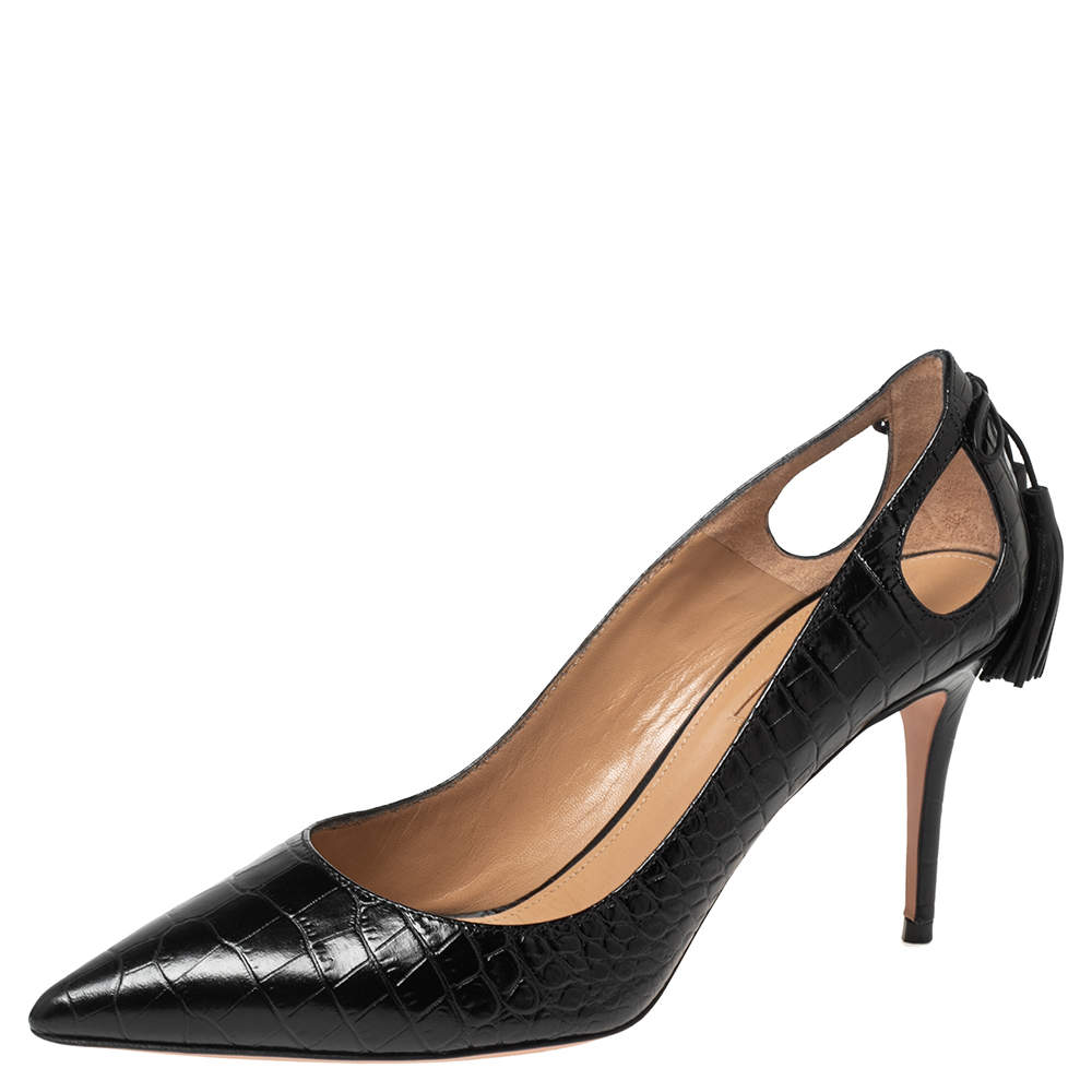 Pre Owned حذاء كعب عالي أكوازورا ماريلين جلد نقشة التمساح أسود مقاس 37.5