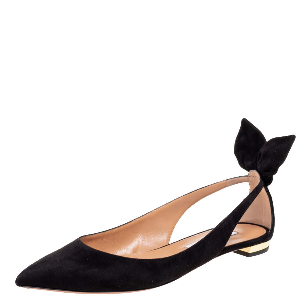 Pre Owned Aquazzura Black Suede Bow Tie Pointed-Toe Flats Size 37.5