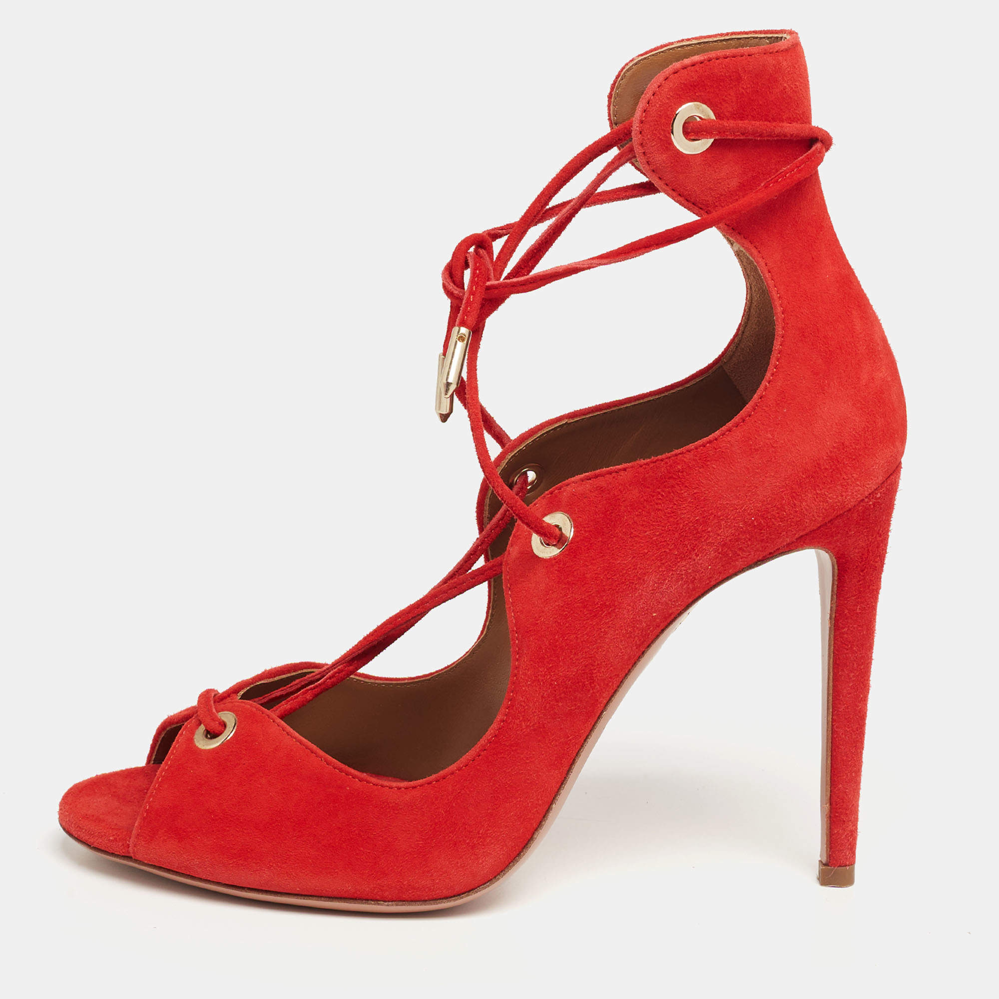 Pre Owned Aquazzura Red Suede Tango Curvy Lace-Up Sandals Size 37