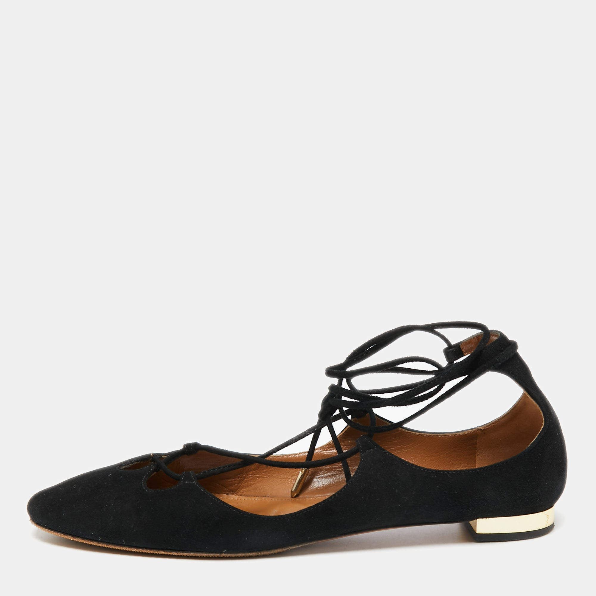 Pre Owned حذاء باليرينا فلات أكوازورا سويدي أسود بحزام للكاحل مقاس 38.5