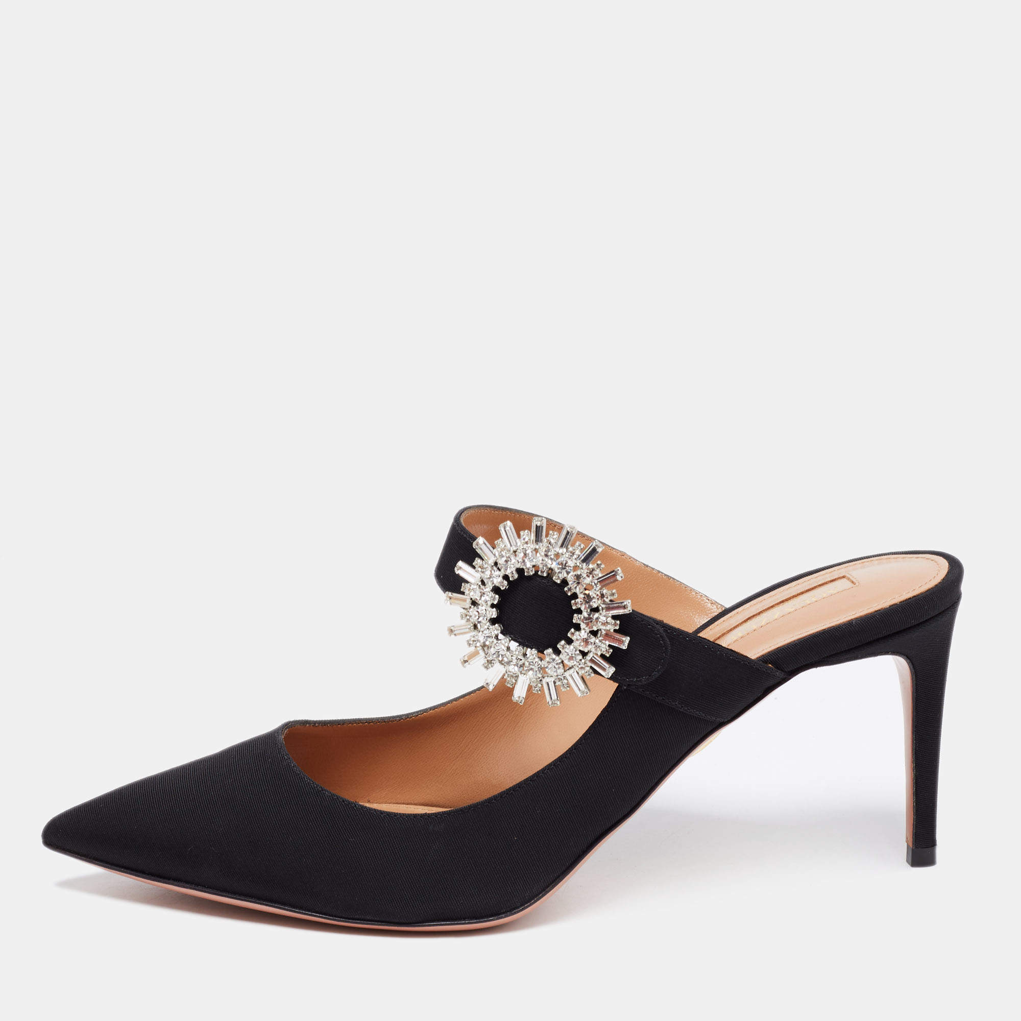 مملوكة مسبقًا Aquazzura Black Fabric Crystal Embellished Blossom Pointed Toe Mules Size 38