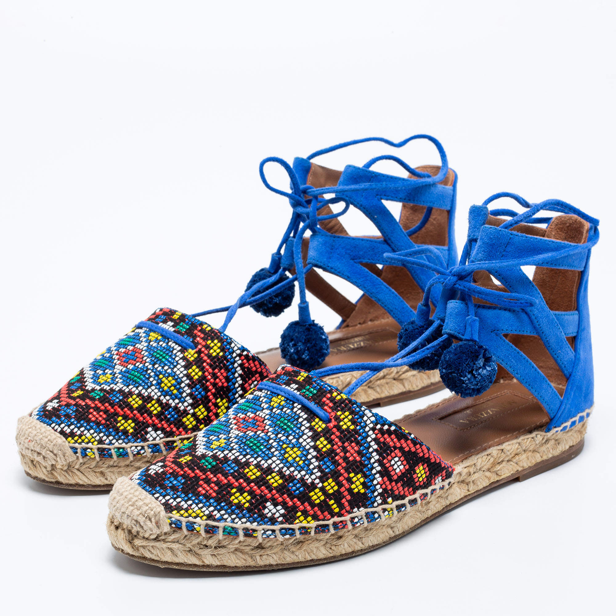 Aquazzura Blue Raffia And Suede Belgravia Lace Up Espadrille Flat Sandals  Size 36