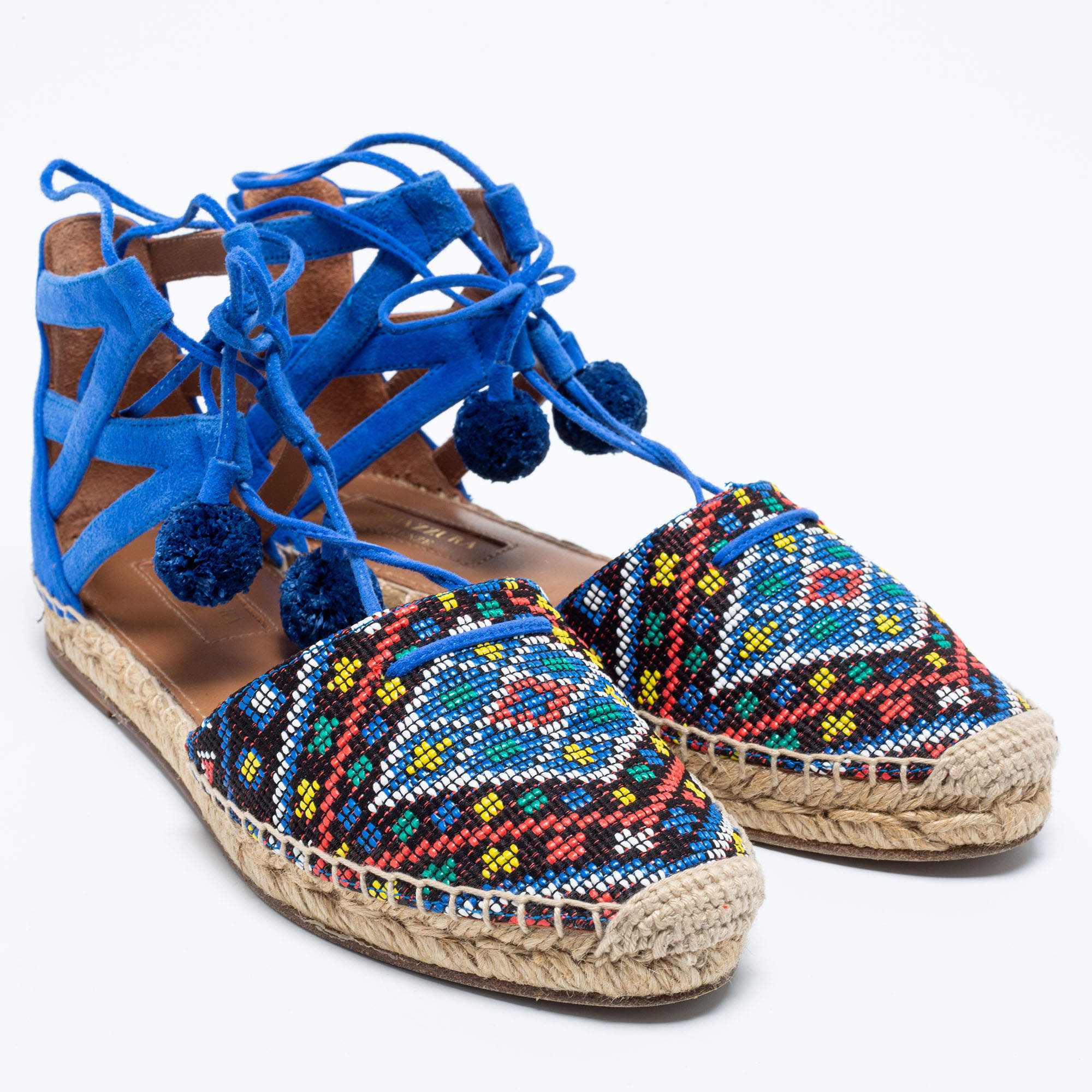 Aquazzura Blue Raffia And Suede Belgravia Lace Up Espadrille Flat Sandals  Size 36