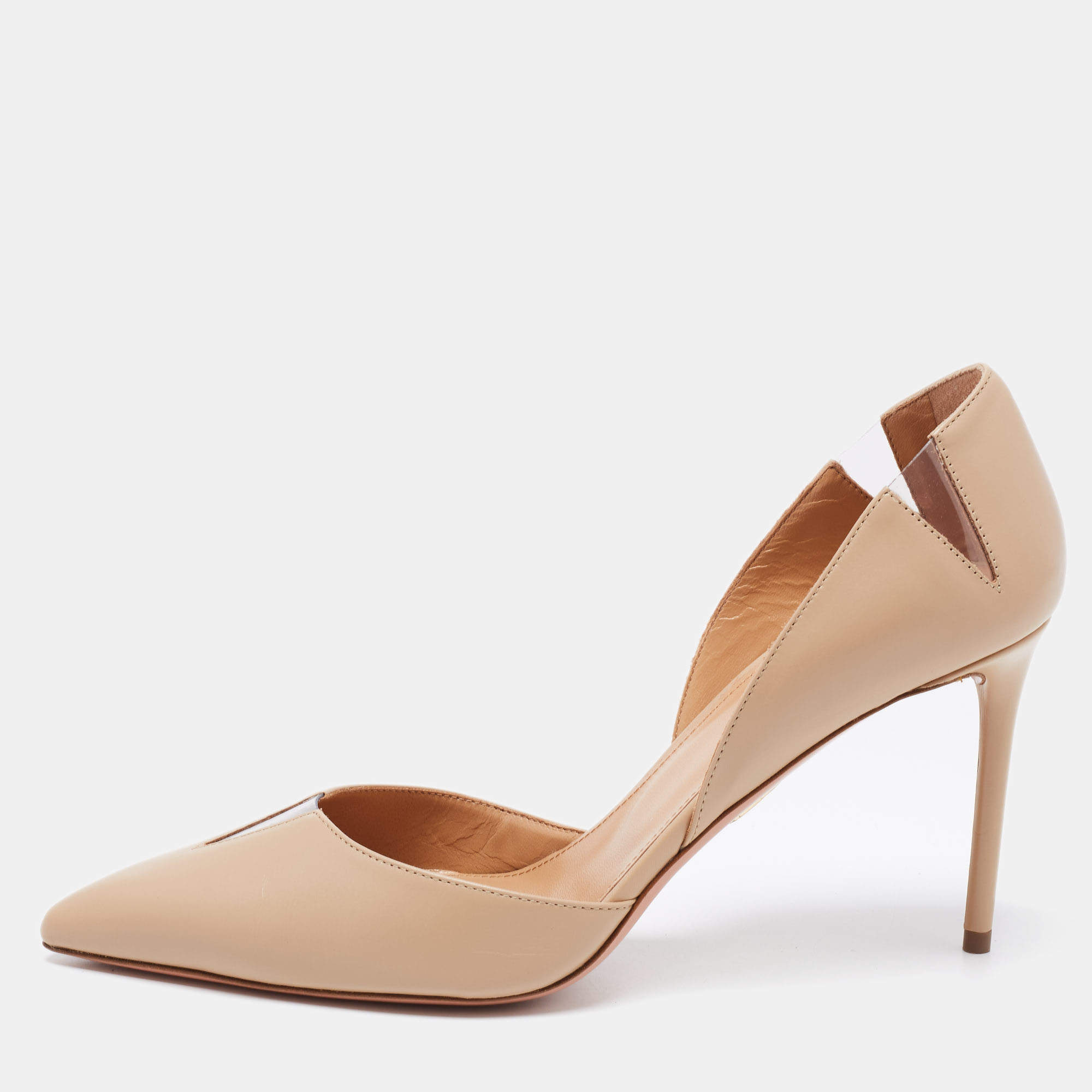 Pre Owned حذاء كعب عالي أكوازورا شارب بلاستيك مشمع وجلد بيج مقدمة مدببة مقاس 39