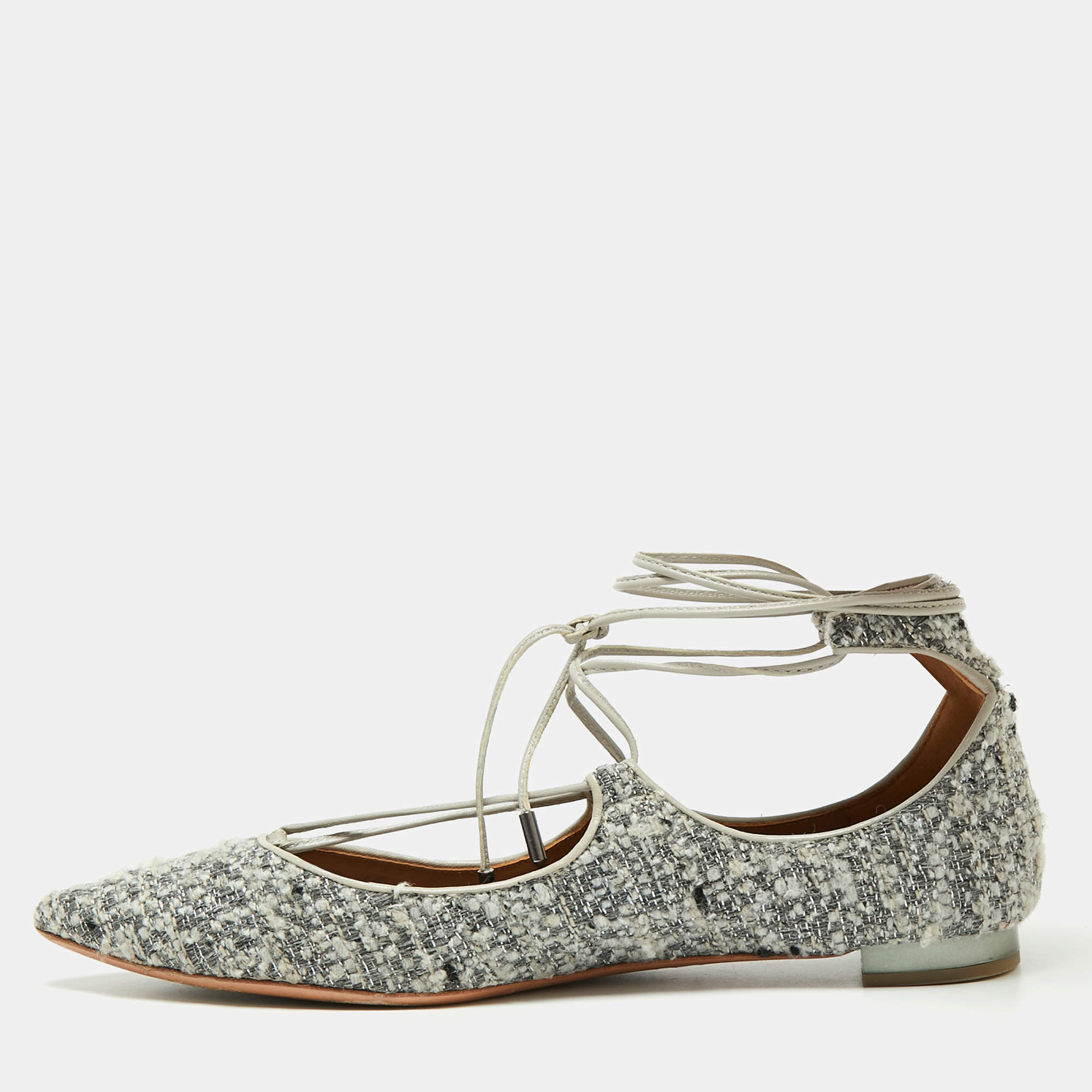 Pre Owned Aquazzura Grey/Black Tweed  Christy Ankle Strap Ballet Flats Size 38.5