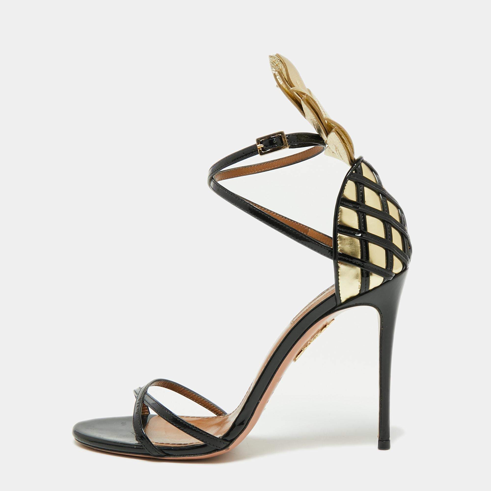مملوكة مسبقًا Aquazzura Black/Gold Patent Leather Pina Colada Ankle Strap Sandals Size 37.5