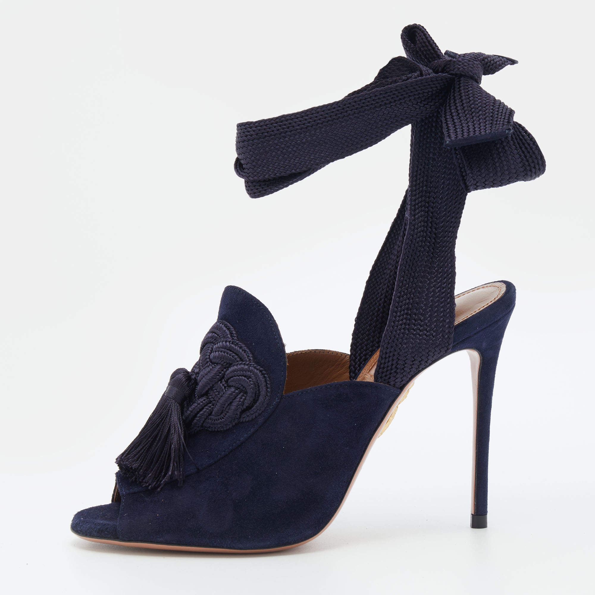 Pre Owned Aquazzura Navy Blue Suede Tassel Ankle Wrap Sandals Size 36