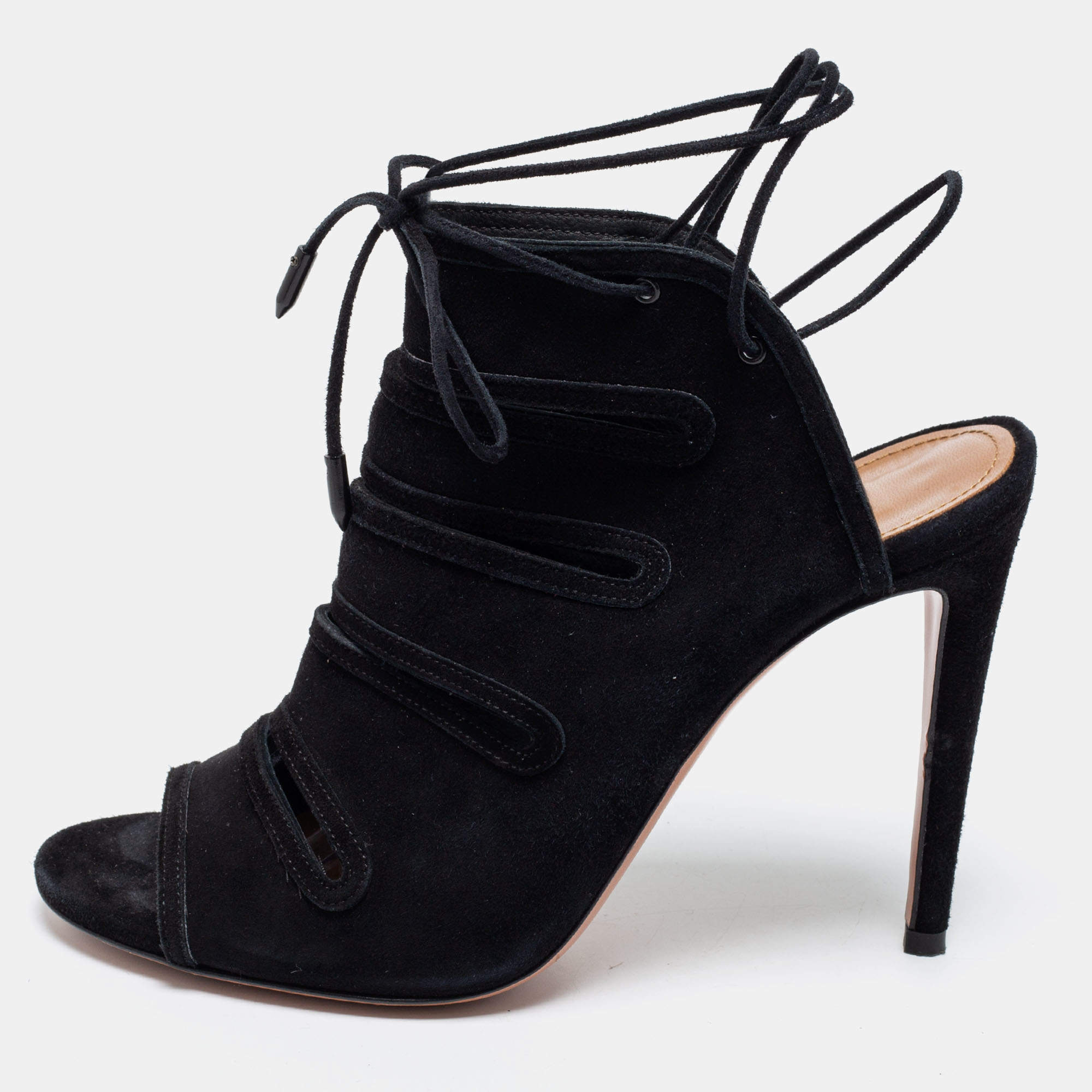 Aquazzura Black Suede Sloane Cut Out Tie Up Sandals Size 38