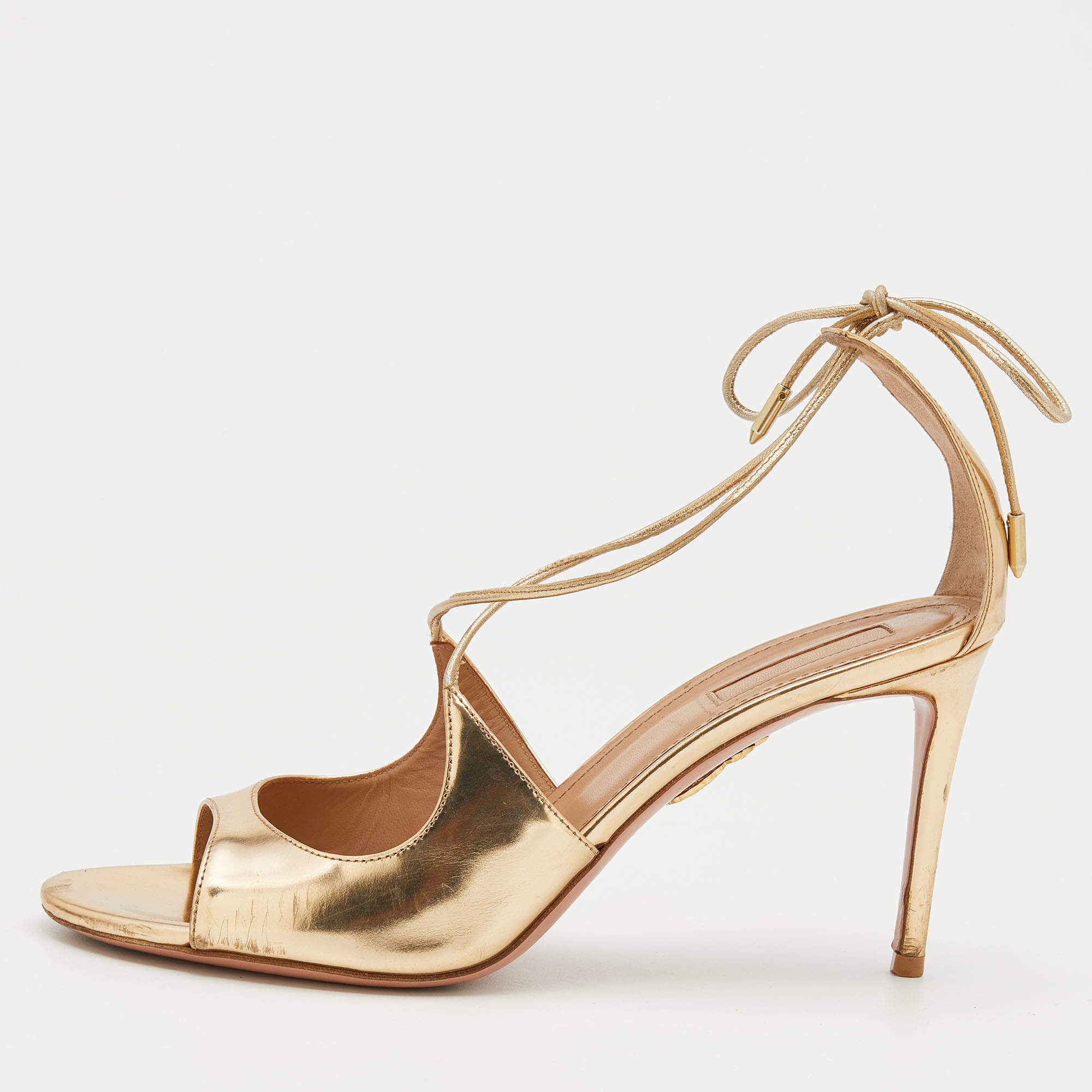 Pre Owned Aquazzura Metallic Gold Leather Sofia Ankle Wrap Sandals Size 39
